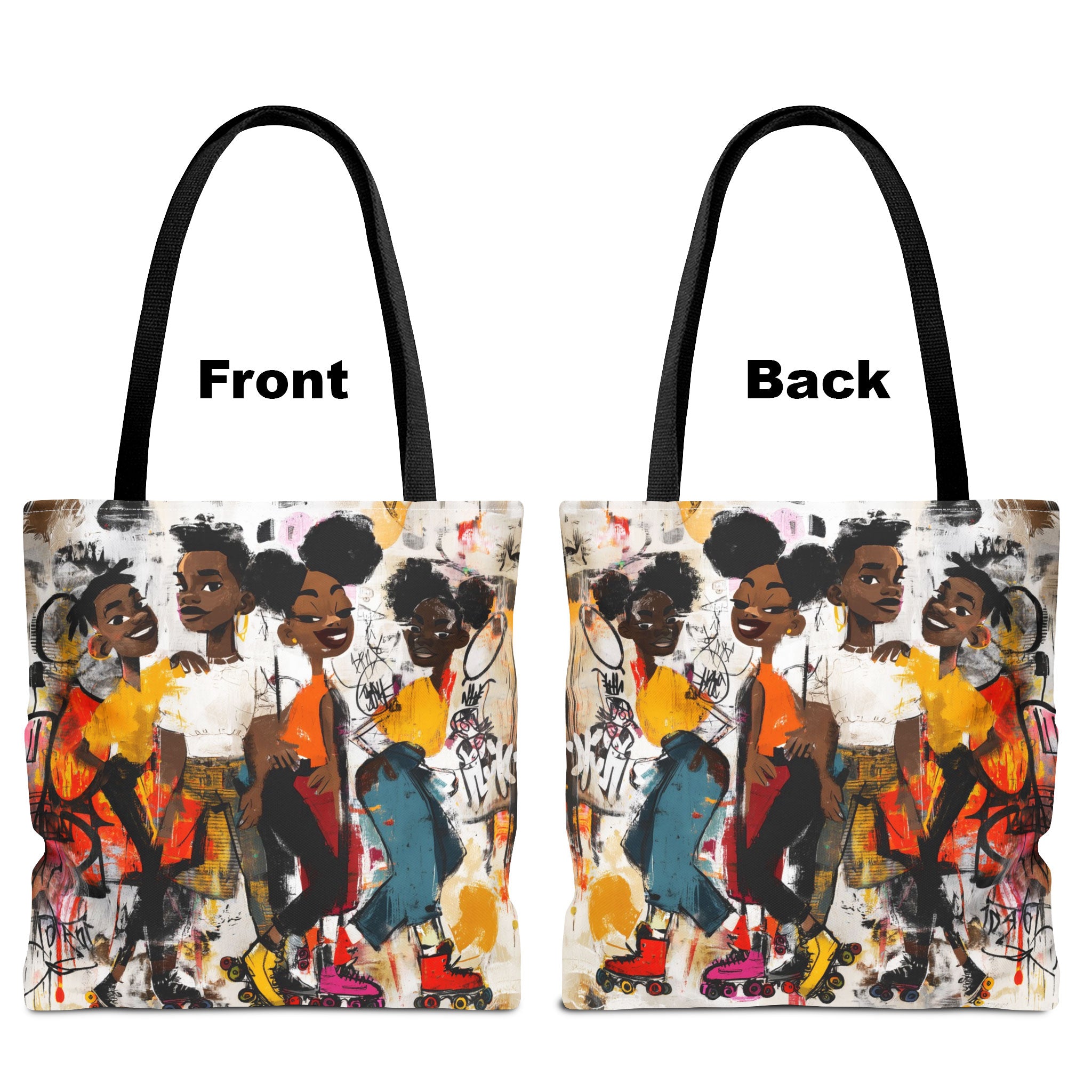 Colorful Afrocentric tote bag featuring abstract graffiti-style cartoon illustrations of Black roller skaters dancing and gliding at a roller rink. Vibrant urban artwork celebrates roller skating culture, Black joy, music, movement, and community.