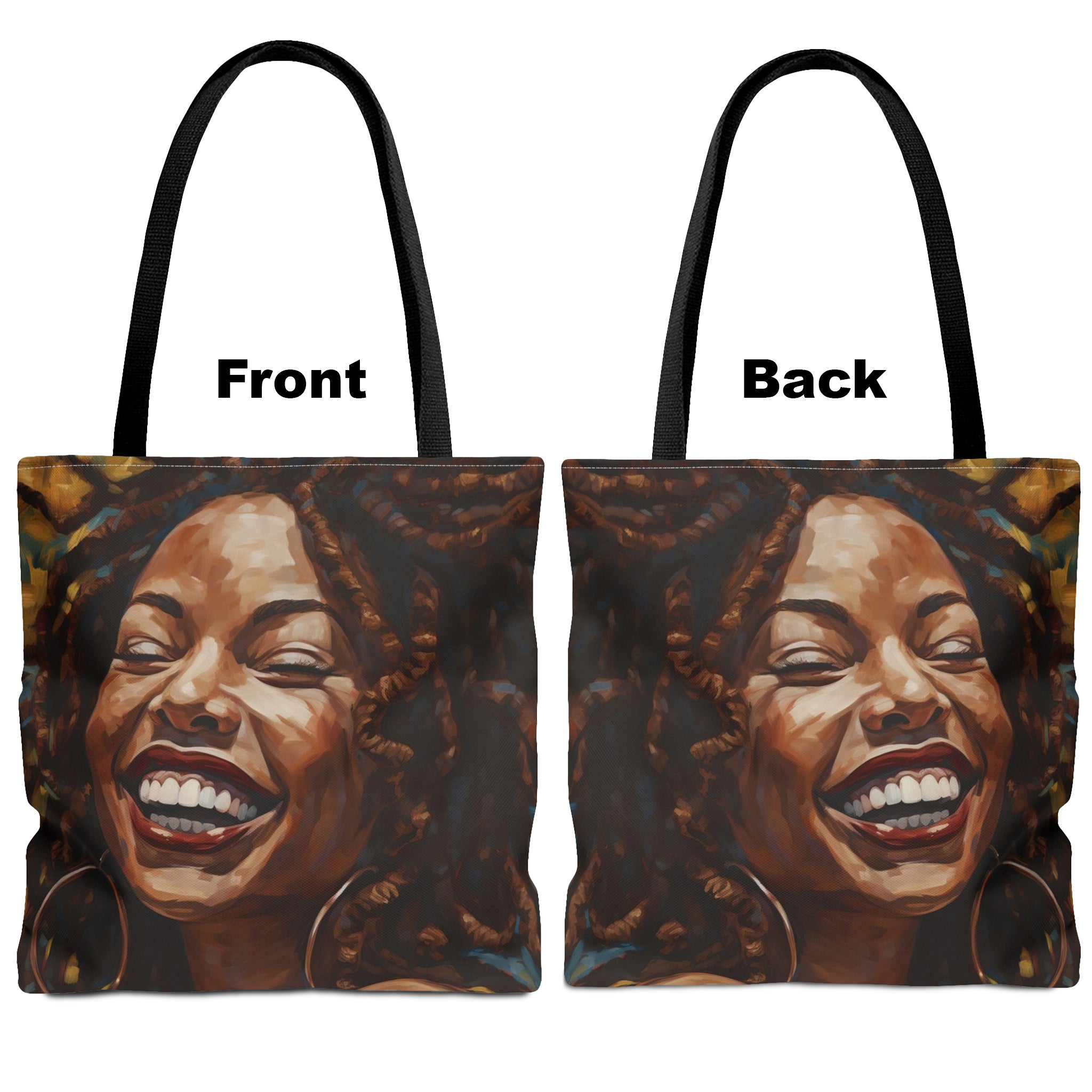 Afro Dreadlocks Black Girl Tote Bag featuring a joyful African American woman with natural Afro hair. A stylish and empowering tote celebrating Black Girl Magic, self-love, and cultural pride.