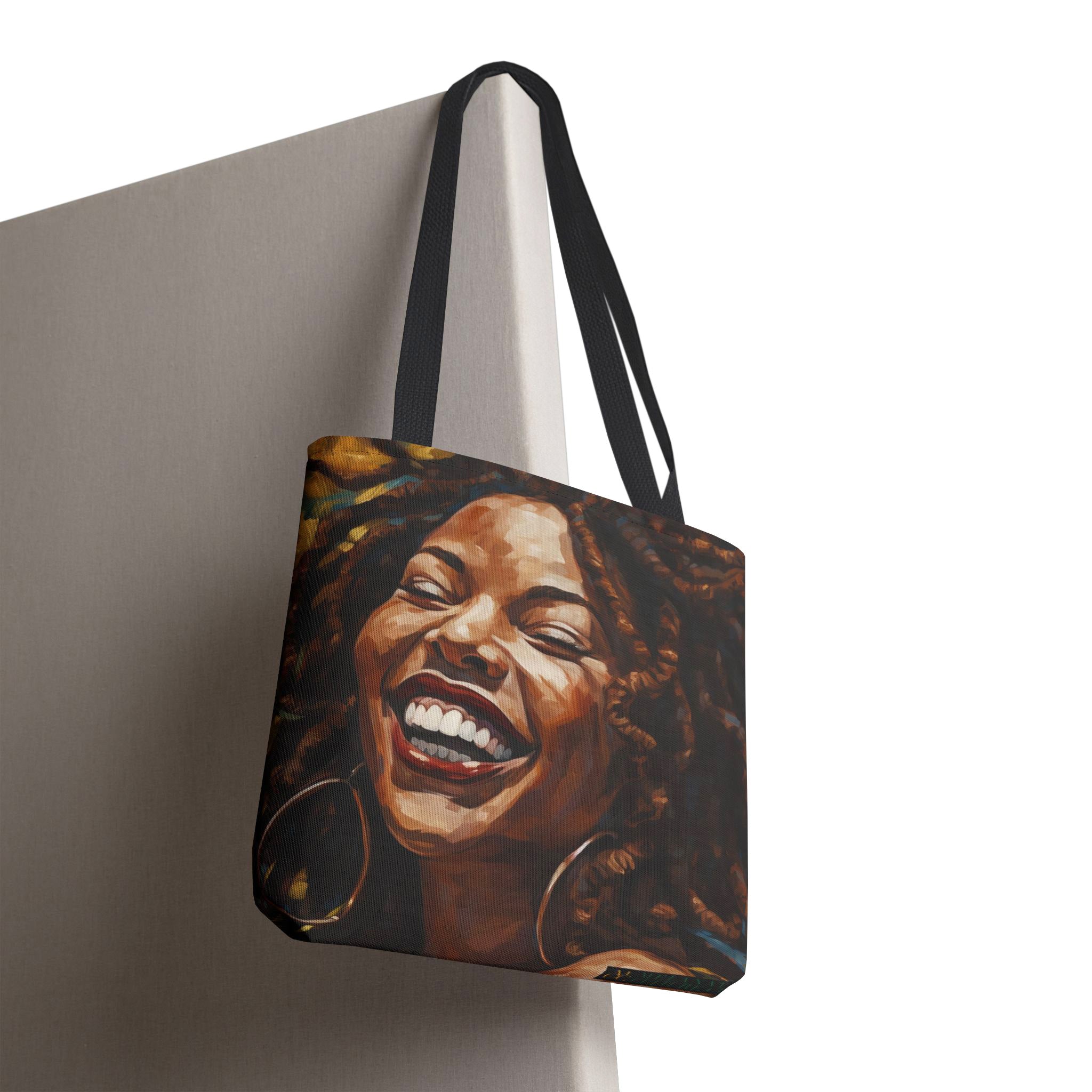 Afro Dreadlocks Black Girl Tote Bag featuring a joyful African American woman with natural Afro hair. A stylish and empowering tote celebrating Black Girl Magic, self-love, and cultural pride.