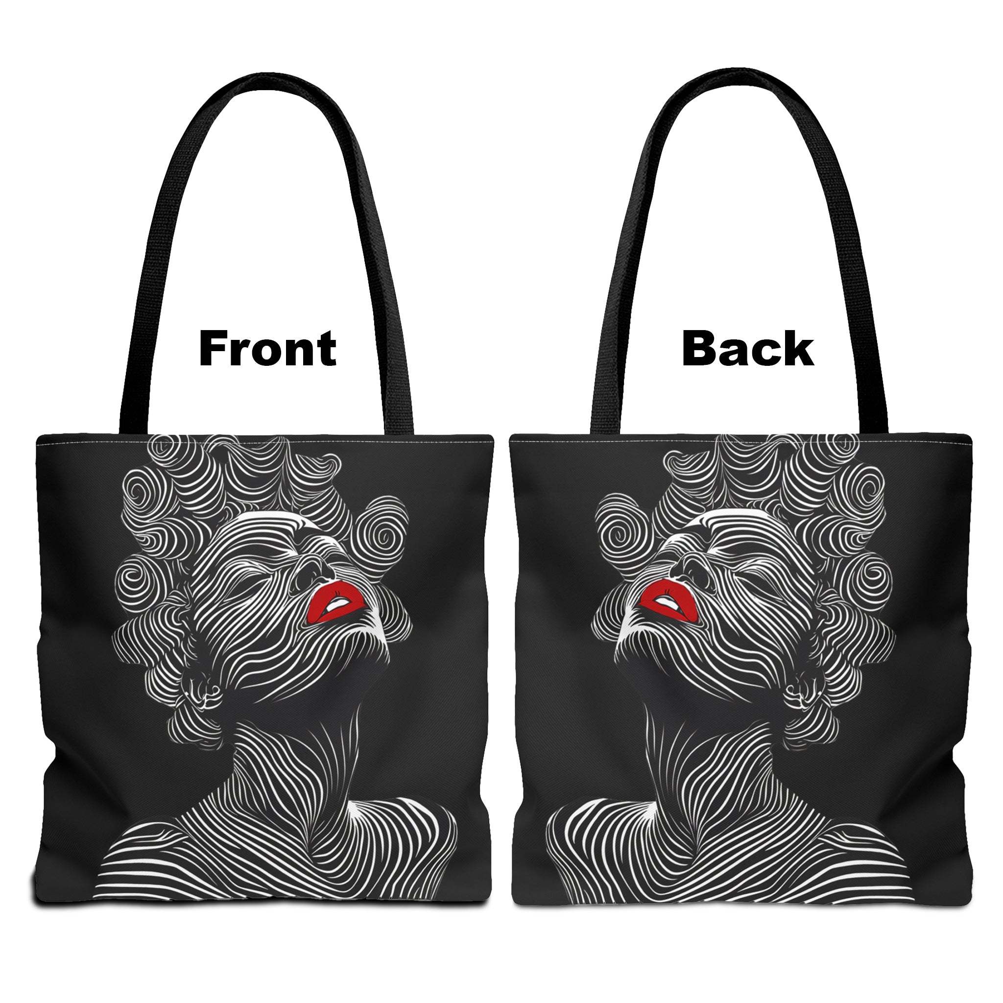 Front and back view of Bantu Knots tote bag.
