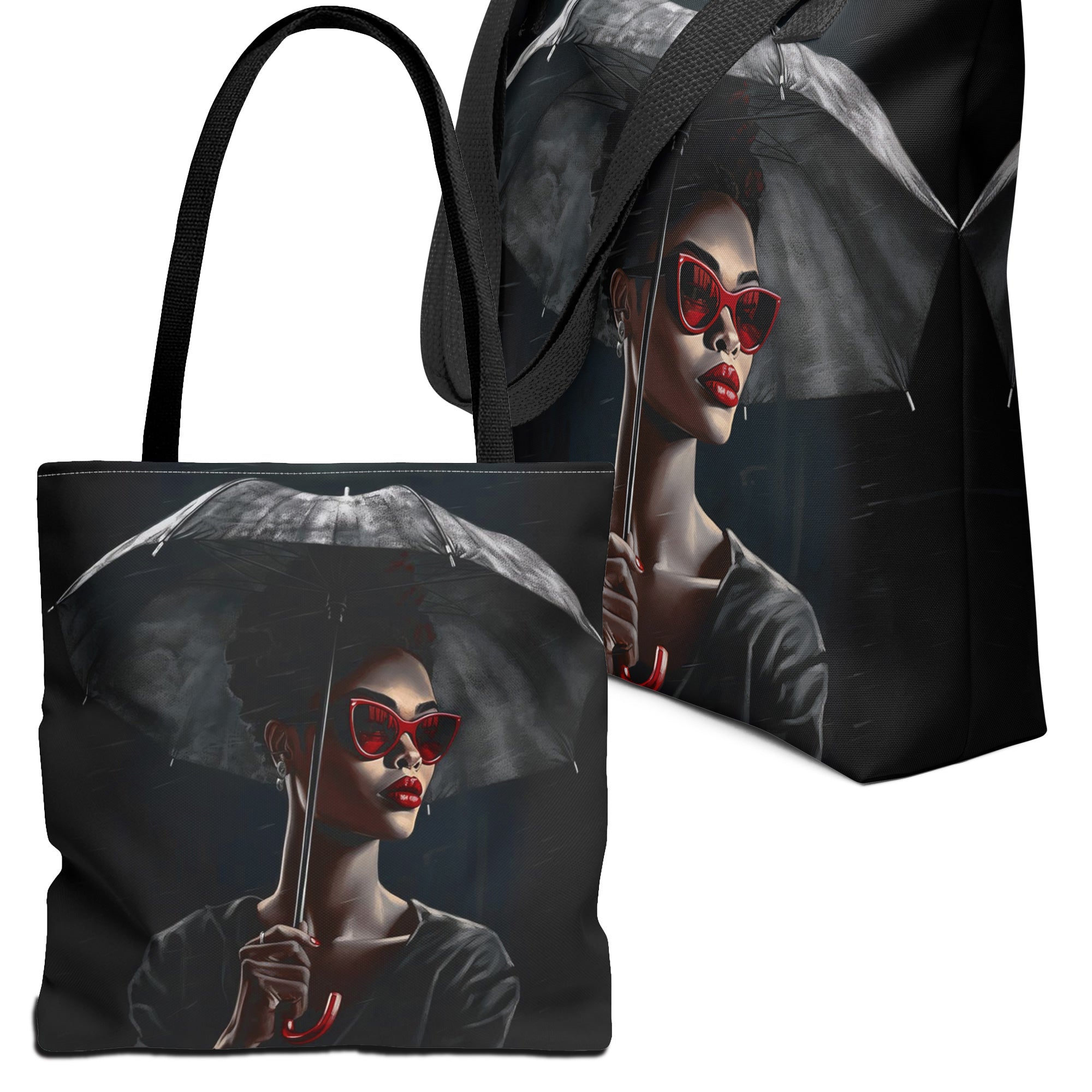 Black Fashionista Tote Bag Stormy Weather - front and side view.