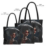 Black Woman Fashionista Tote Bag featuring a mysterious African American woman in trendy red sunglasses, holding a black umbrella in stormy weather. A stylish and glamorous accessory for fashion lovers.