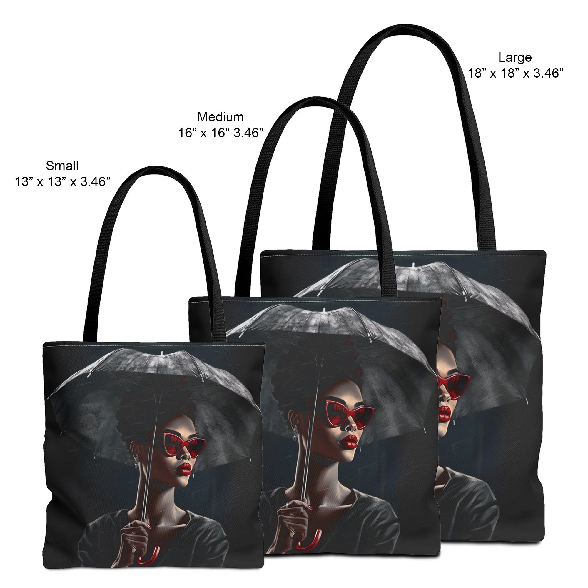 Black Fashionista Tote Bag Stormy Weather - small, medium and large sizes view.