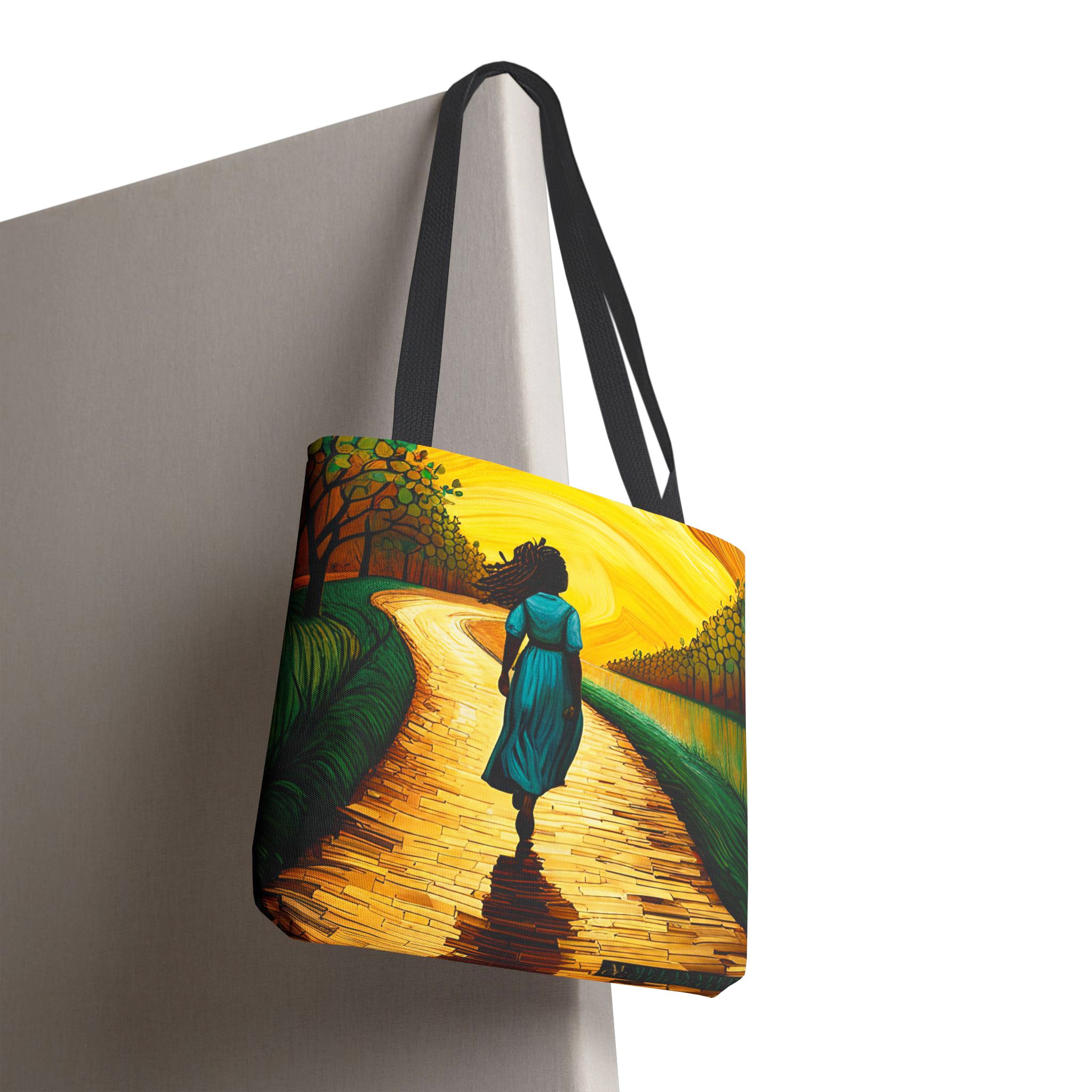 Walk your path with the Black Woman with African Dreadlocks Tote Bag, featuring an inspiring Afrocentric design and a Yellow Brick Road theme. A stylish reminder to follow your dreams fearlessly.