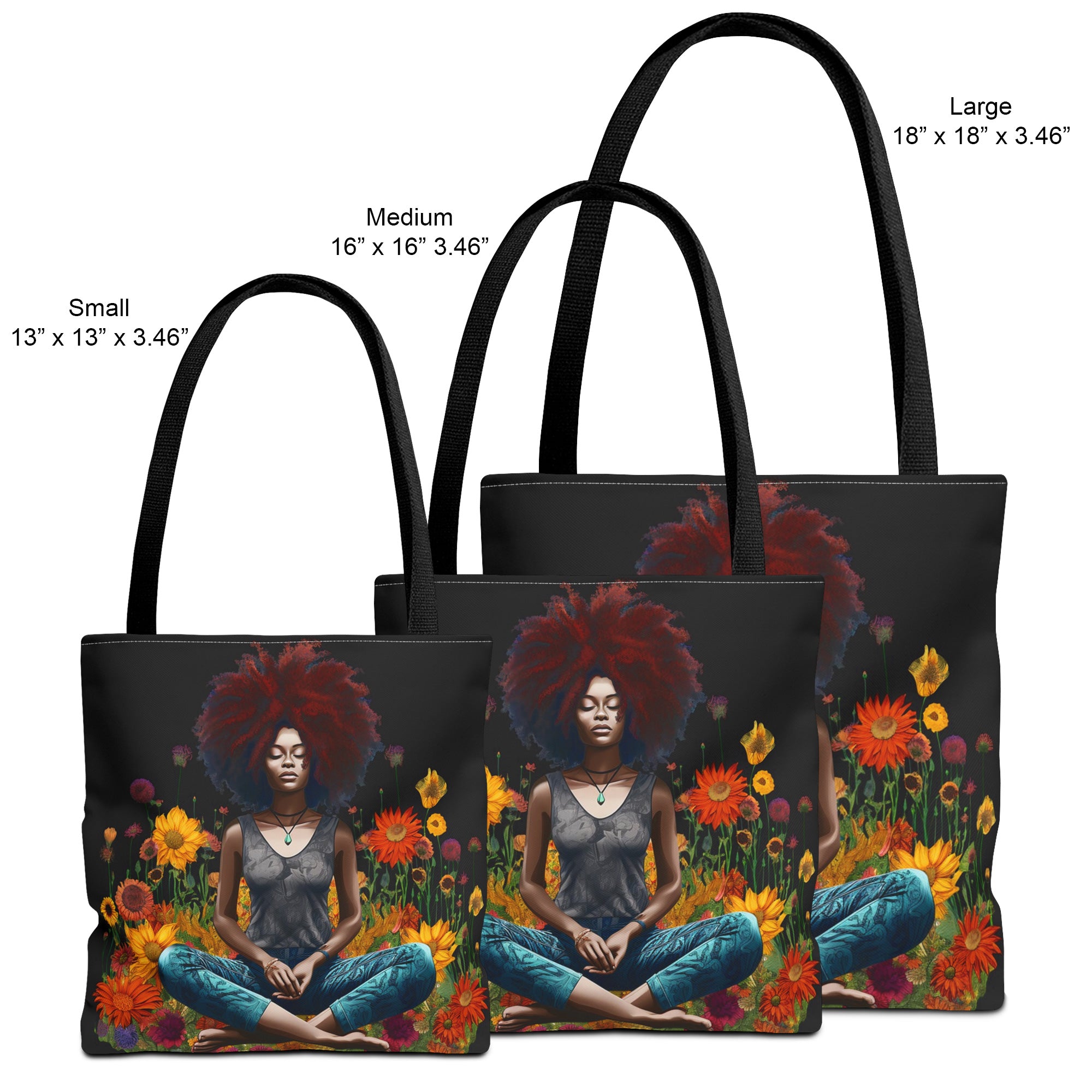 Find balance with the Black Woman Yoga Pose Tote Bag, featuring an African American woman practicing yoga in a wildflower field. A perfect carryall for yogis, wellness lovers, and self-care enthusiasts. 