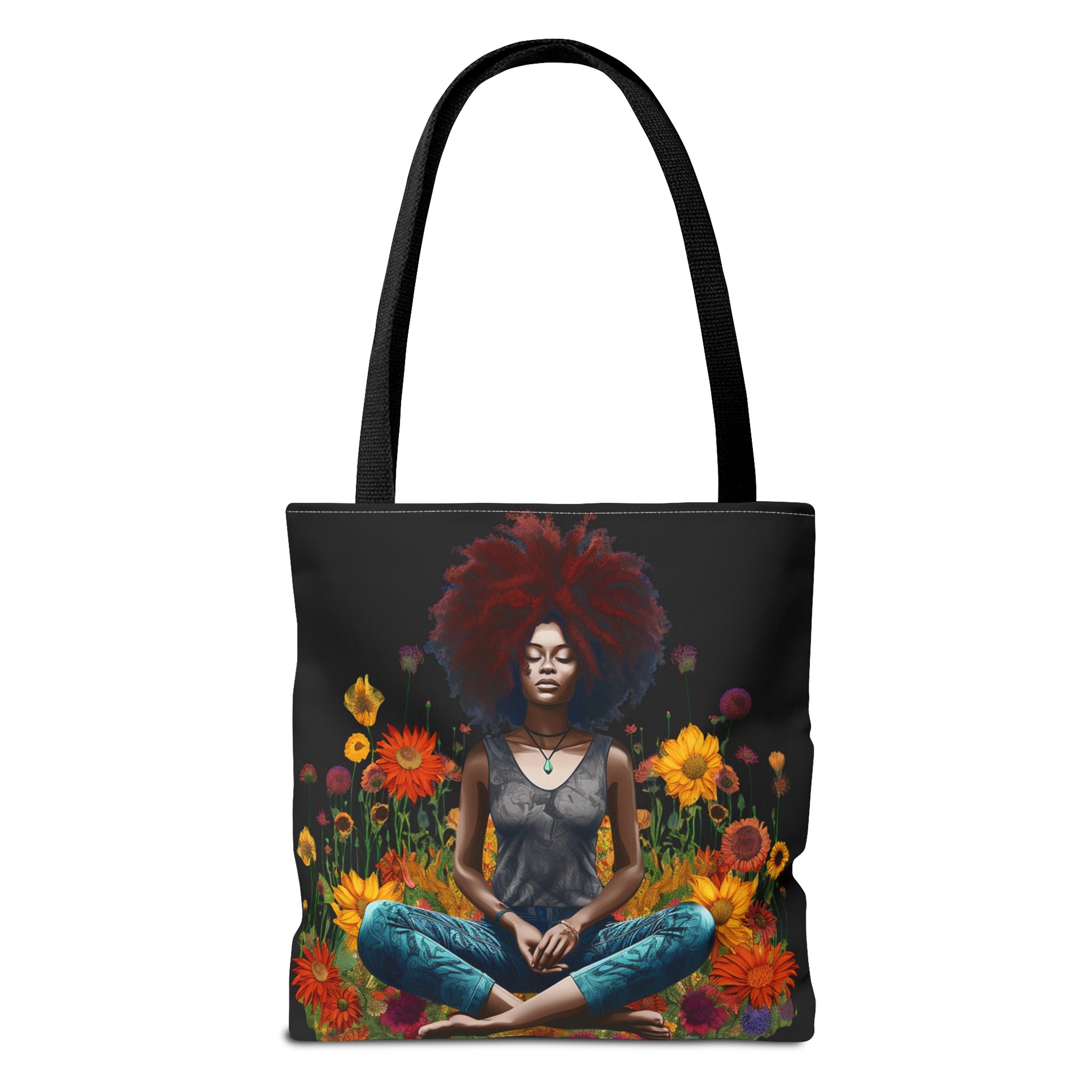 Find balance with the Black Woman Yoga Pose Tote Bag, featuring an African American woman practicing yoga in a wildflower field. A perfect carryall for yogis, wellness lovers, and self-care enthusiasts. 