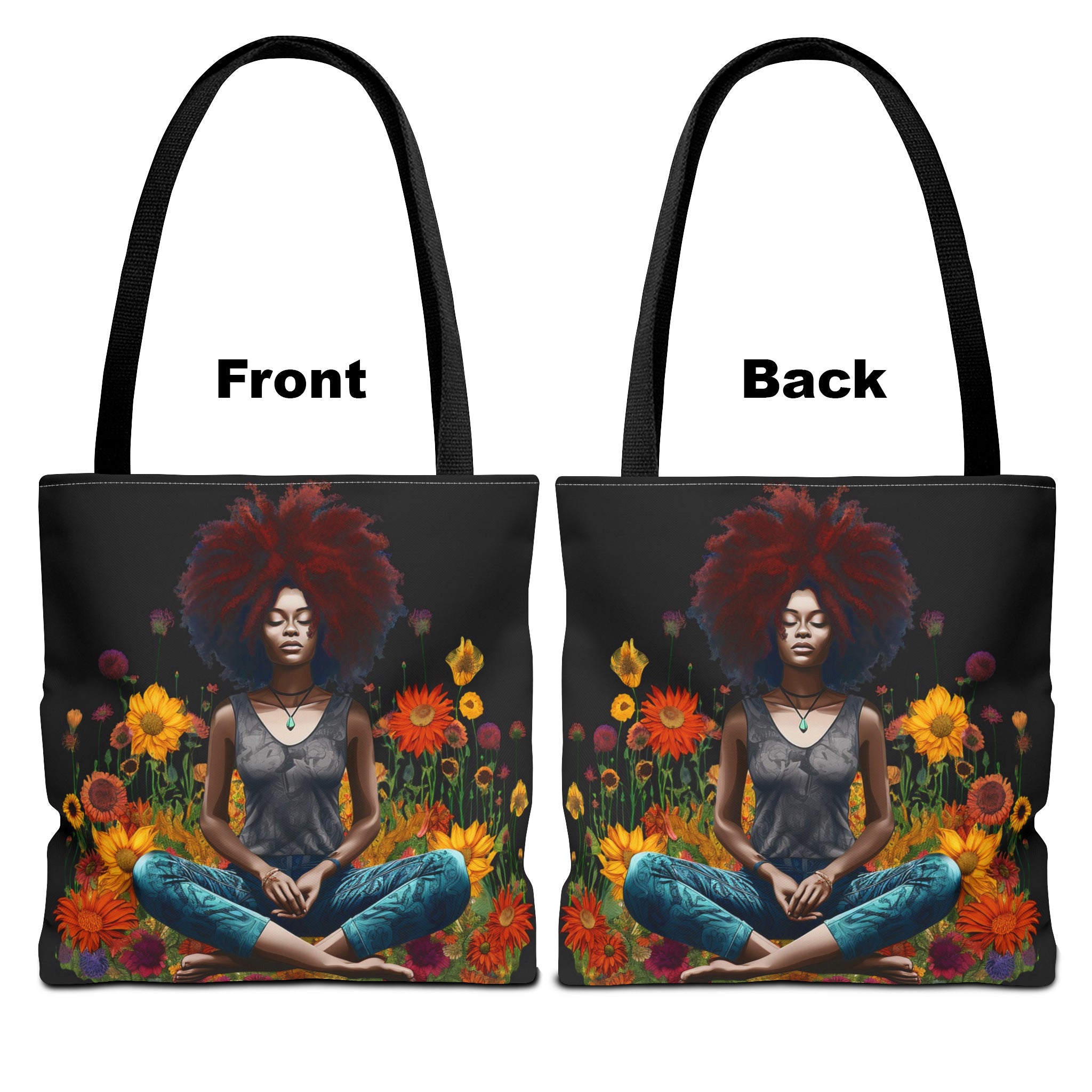 Find balance with the Black Woman Yoga Pose Tote Bag, featuring an African American woman practicing yoga in a wildflower field. A perfect carryall for yogis, wellness lovers, and self-care enthusiasts. 