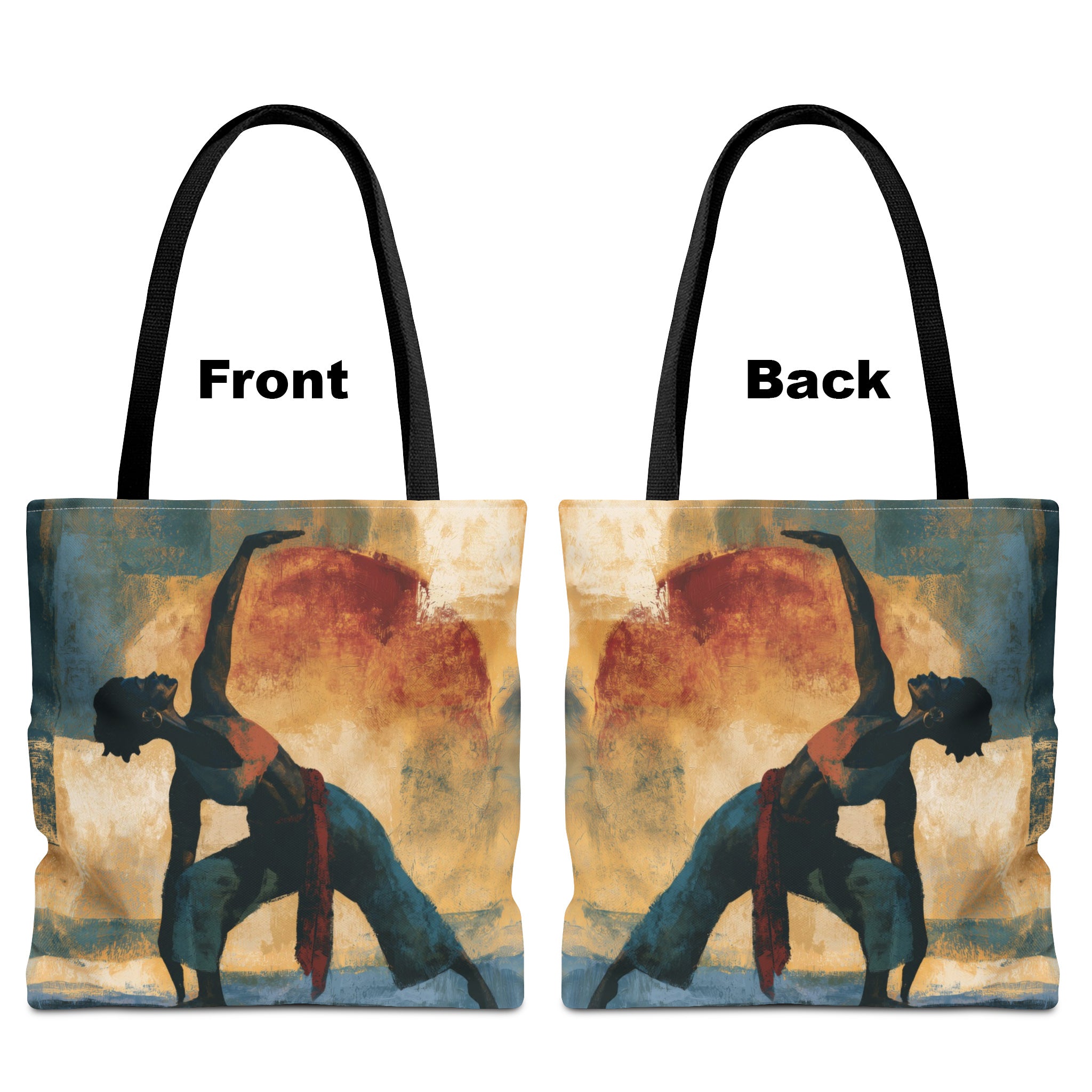 Front and back views of the Black Woman Yoga tote bag featuring abstract textured Afrocentric artwork of an African American woman in a peaceful yoga pose.