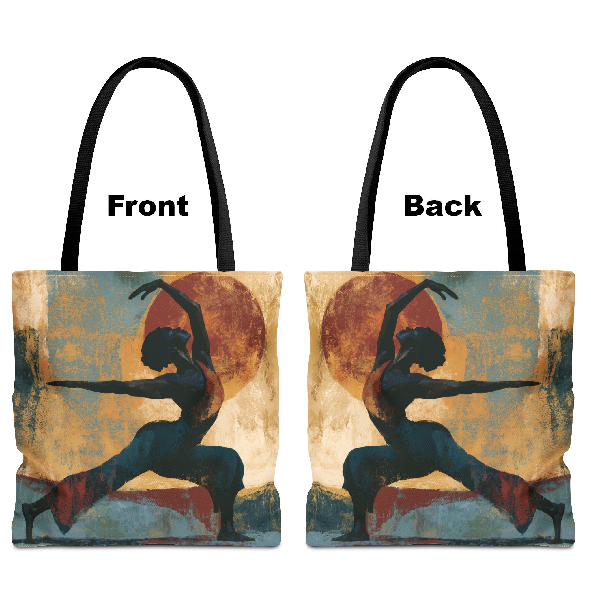 Front and back views of the Black Woman Yoga tote bag featuring abstract textured Afrocentric artwork of an African American woman in a peaceful yoga pose.