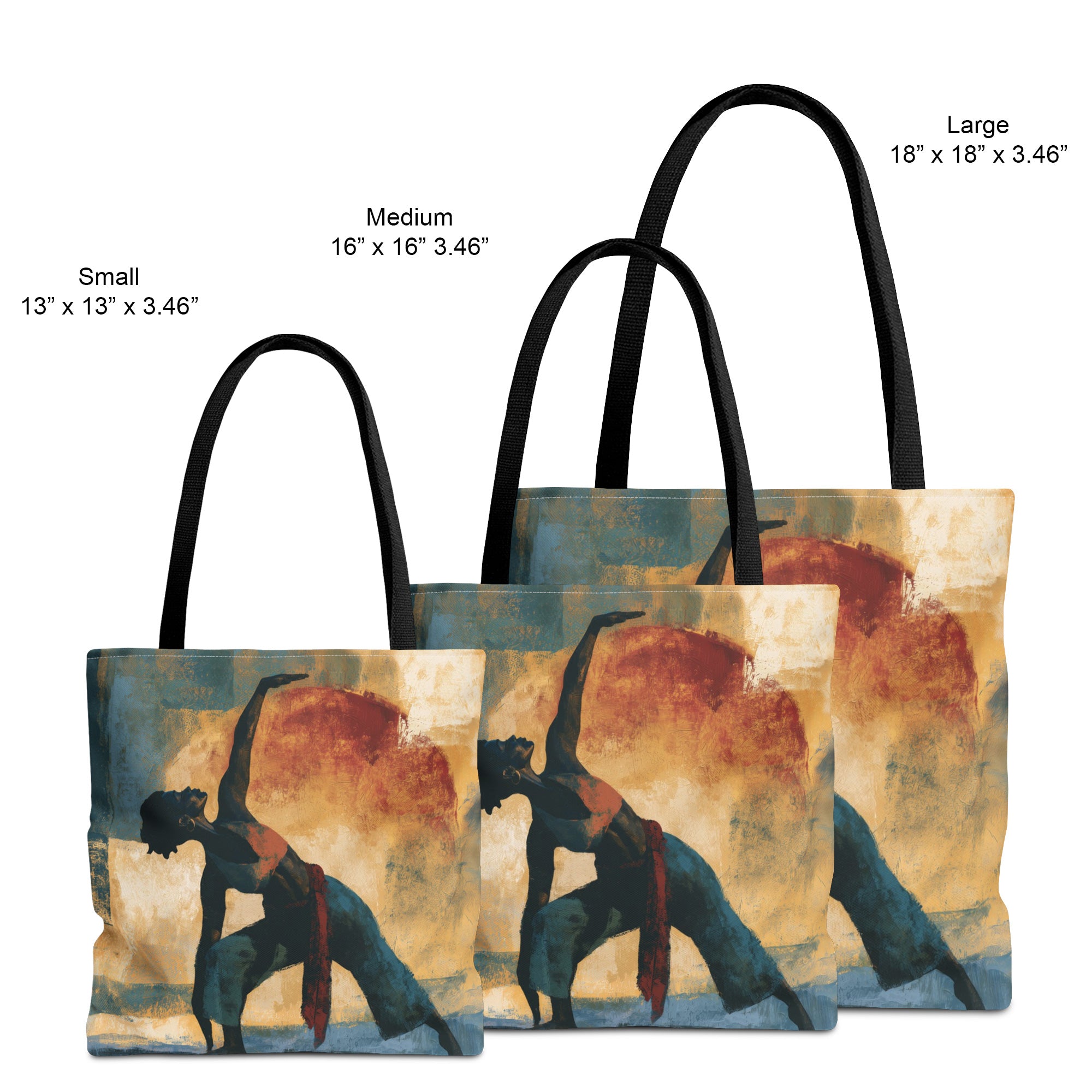 Views of three different sizes of the Black Woman Yoga tote bag featuring abstract textured Afrocentric artwork of an African American woman in a peaceful yoga pose.