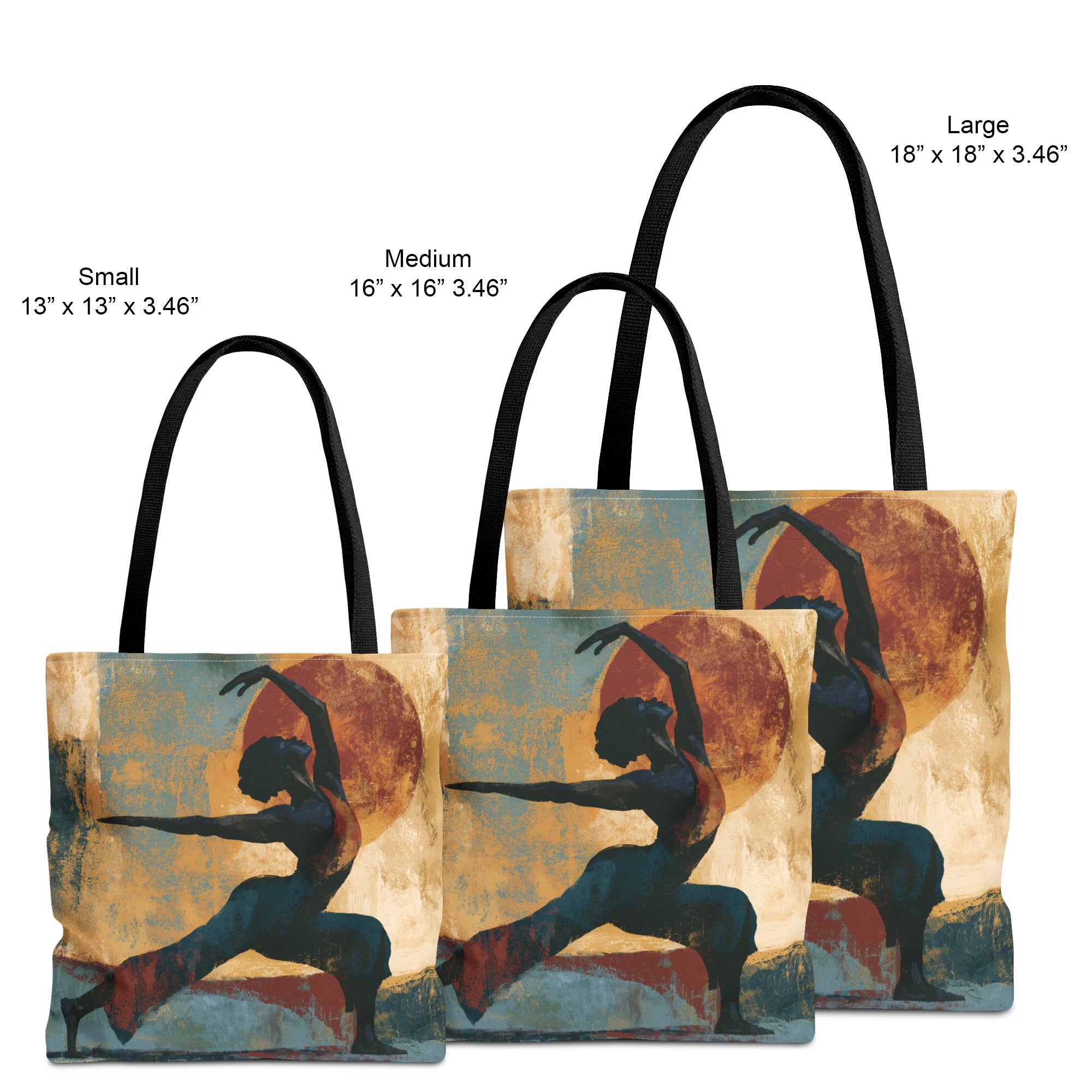 Views of three different sizes of the Black Woman Yoga tote bag featuring abstract textured Afrocentric artwork of an African American woman in a peaceful yoga pose.