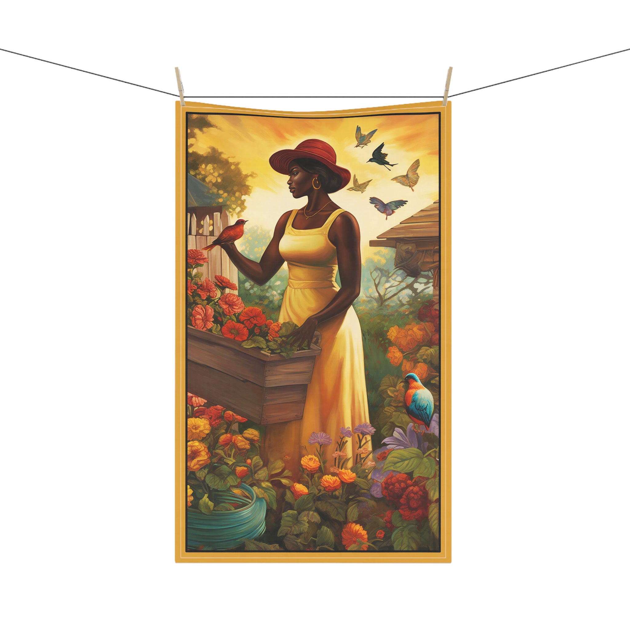 African American Lady in the Garden Tea Towel Afrocentric Kitchen Towel - Style 01