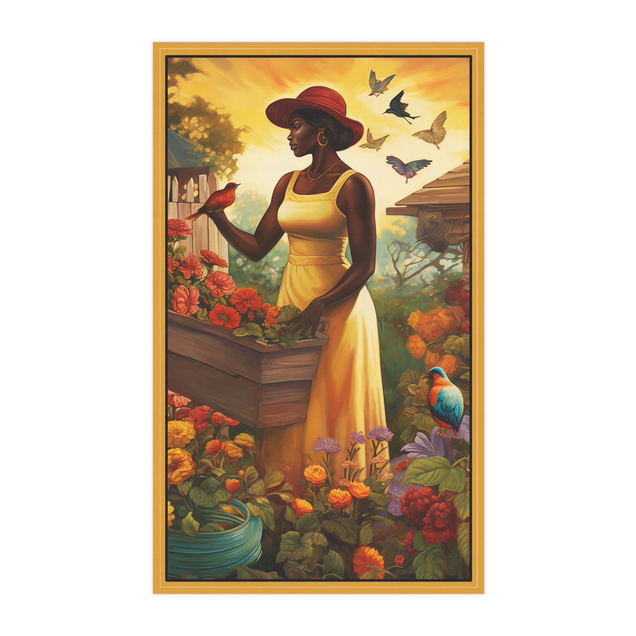 African American Lady in the Garden Tea Towel Afrocentric Kitchen Towel - Style 01