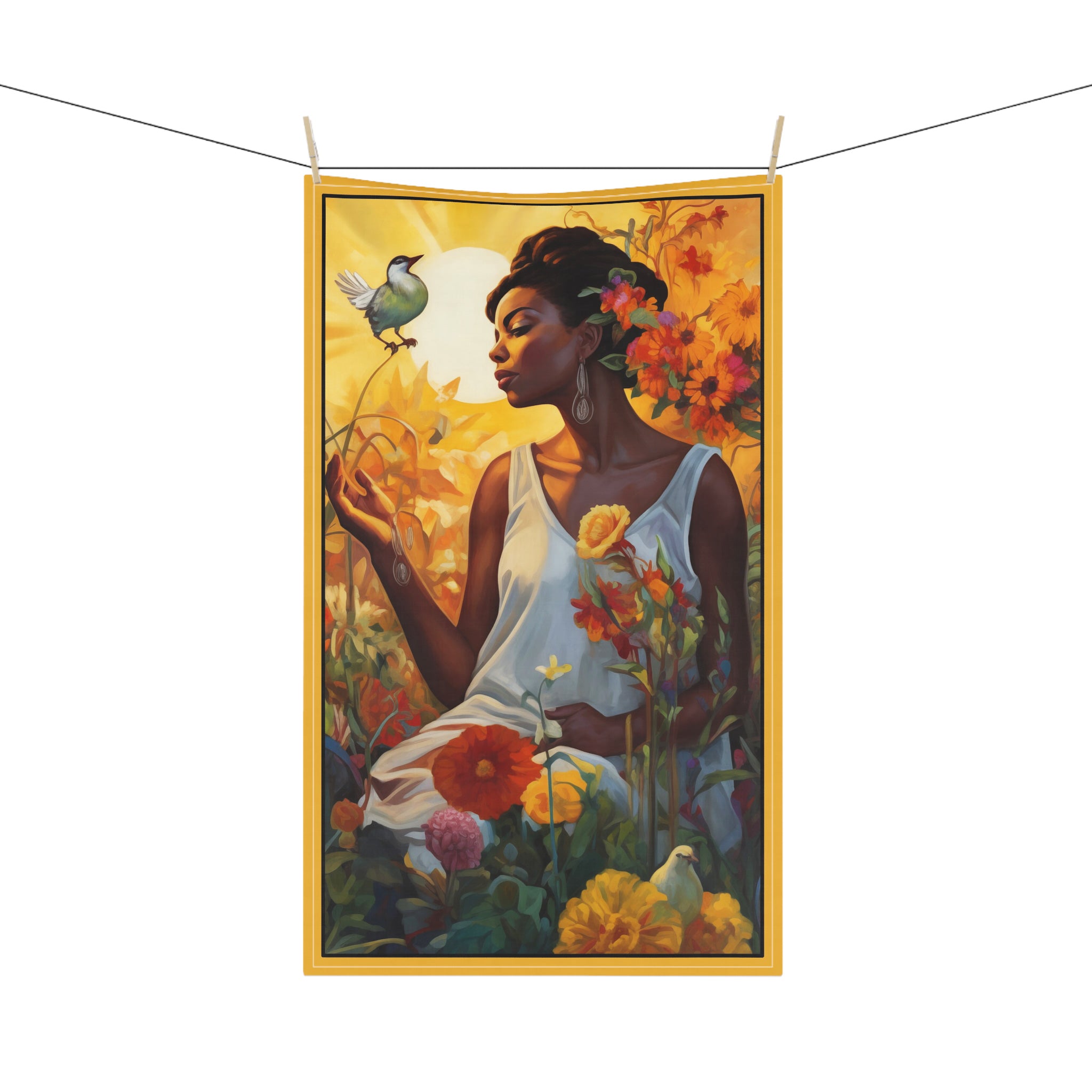 African American Lady in the Garden Tea Towel Afrocentric Kitchen Towel - Style 03