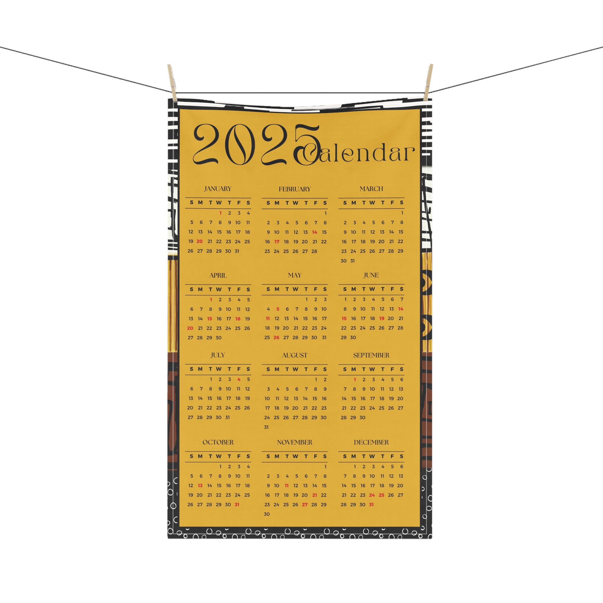 2025 Calendar Mud Cloth Tea Towel Afrocentric Day Planner Wall Calendar