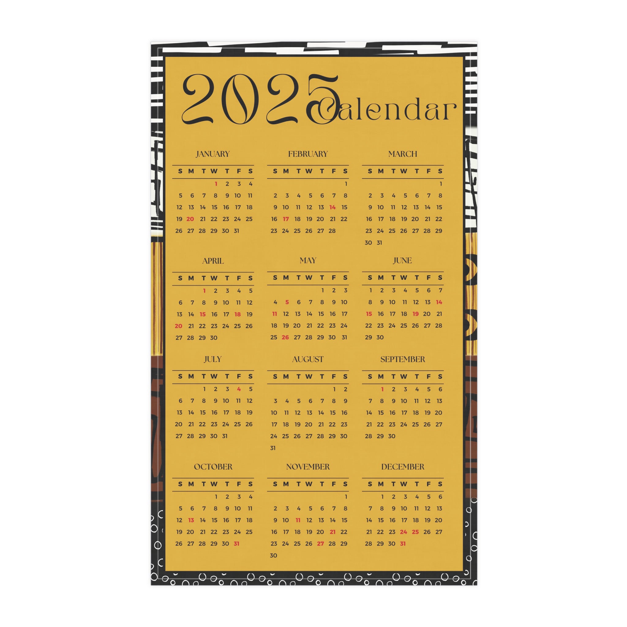 2025 Calendar Mud Cloth Tea Towel Afrocentric Day Planner Wall Calendar