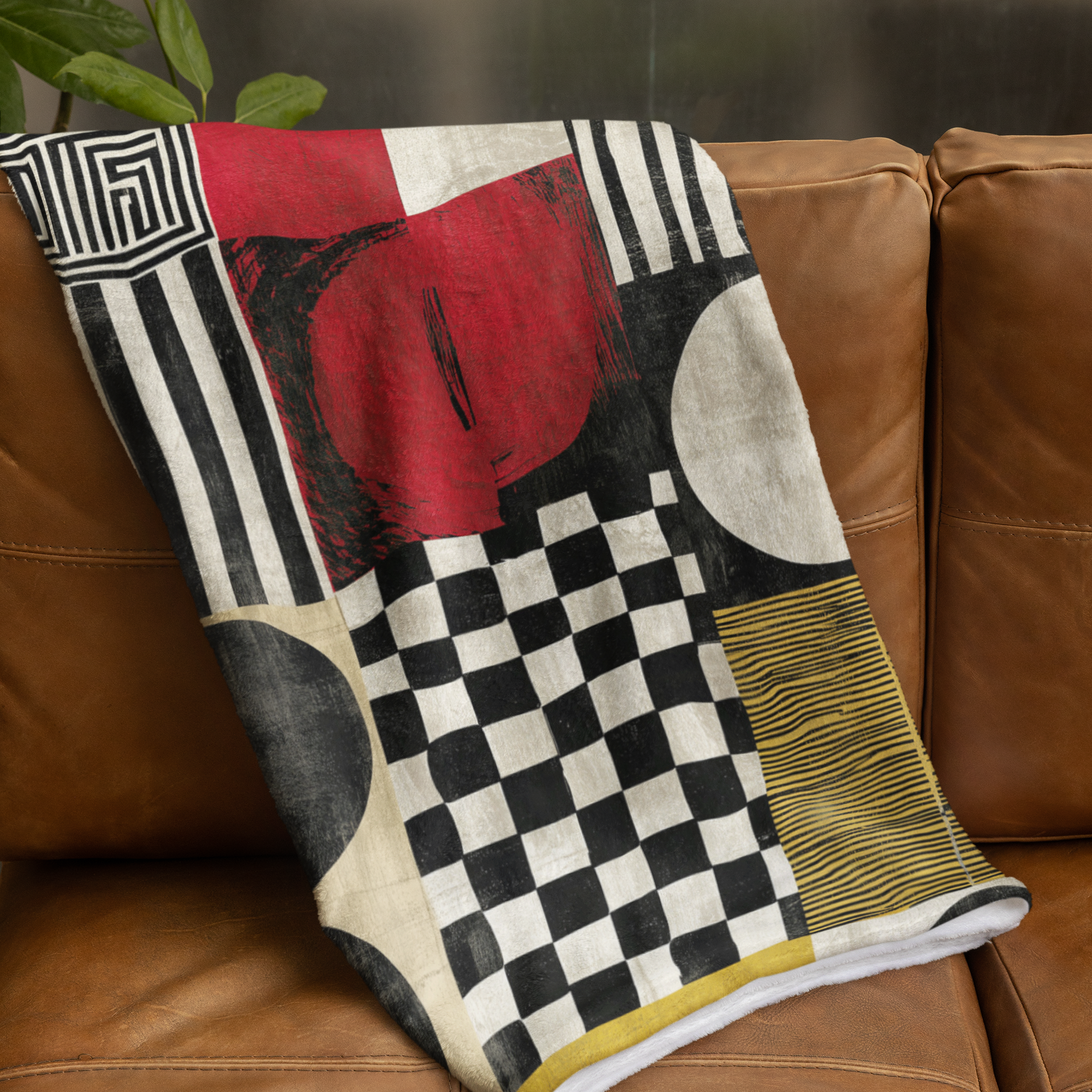 Folded view of Afrocentric geometric art throw blanket featuring bold black, red, gold, cream, and neutral abstract patterns with circles, spirals, grids, and textured African-inspired geometric shapes, draped over the back of a sable brown sofa.