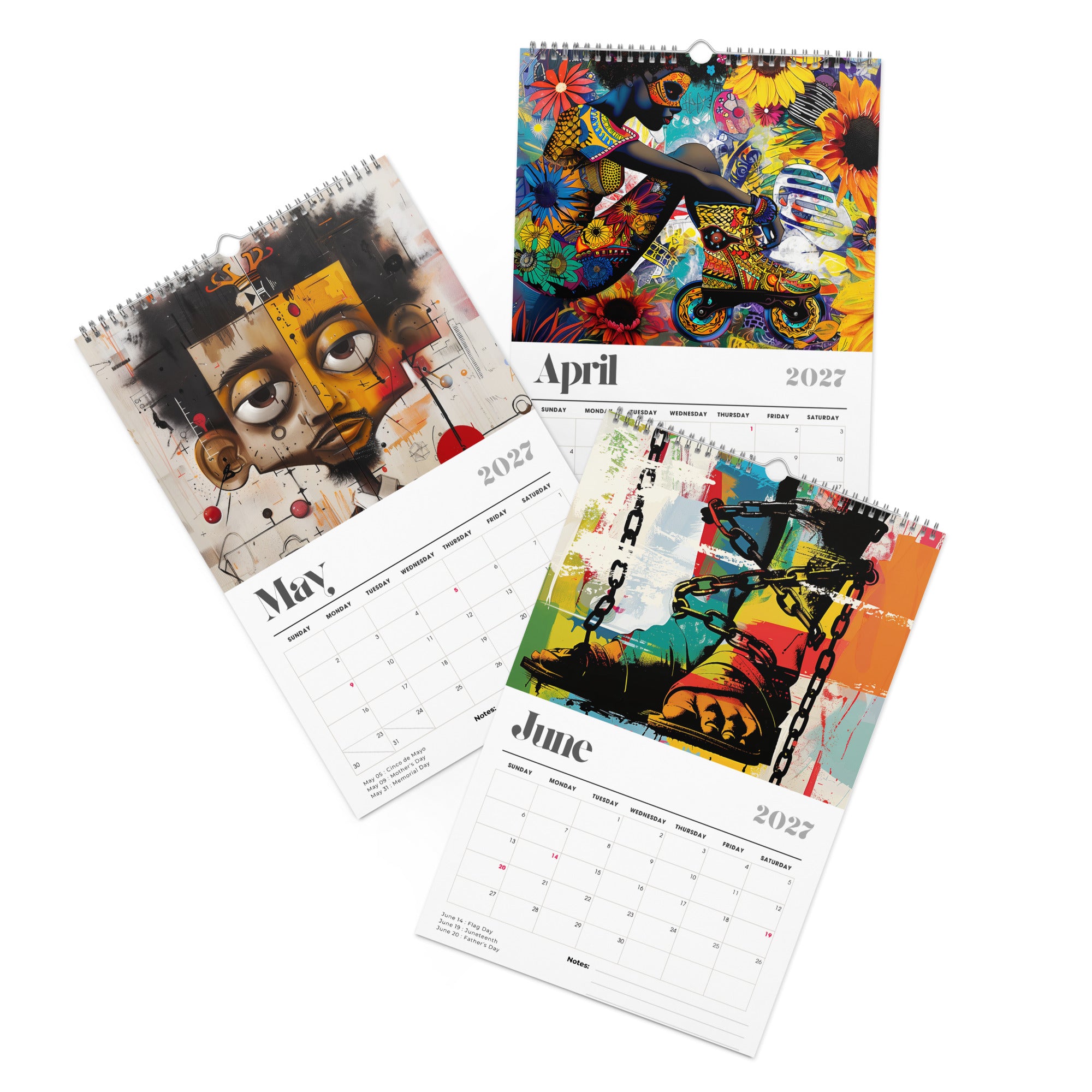 The artwork for the months of April, May and June of the 11" x 17" 2027 Afrocentric abstract wall calendar featuring colorful African American artwork inspired by Afrofuturism, graffiti art, urban culture, bold textures, and contemporary Black artistic expression, displayed against a clean white background.