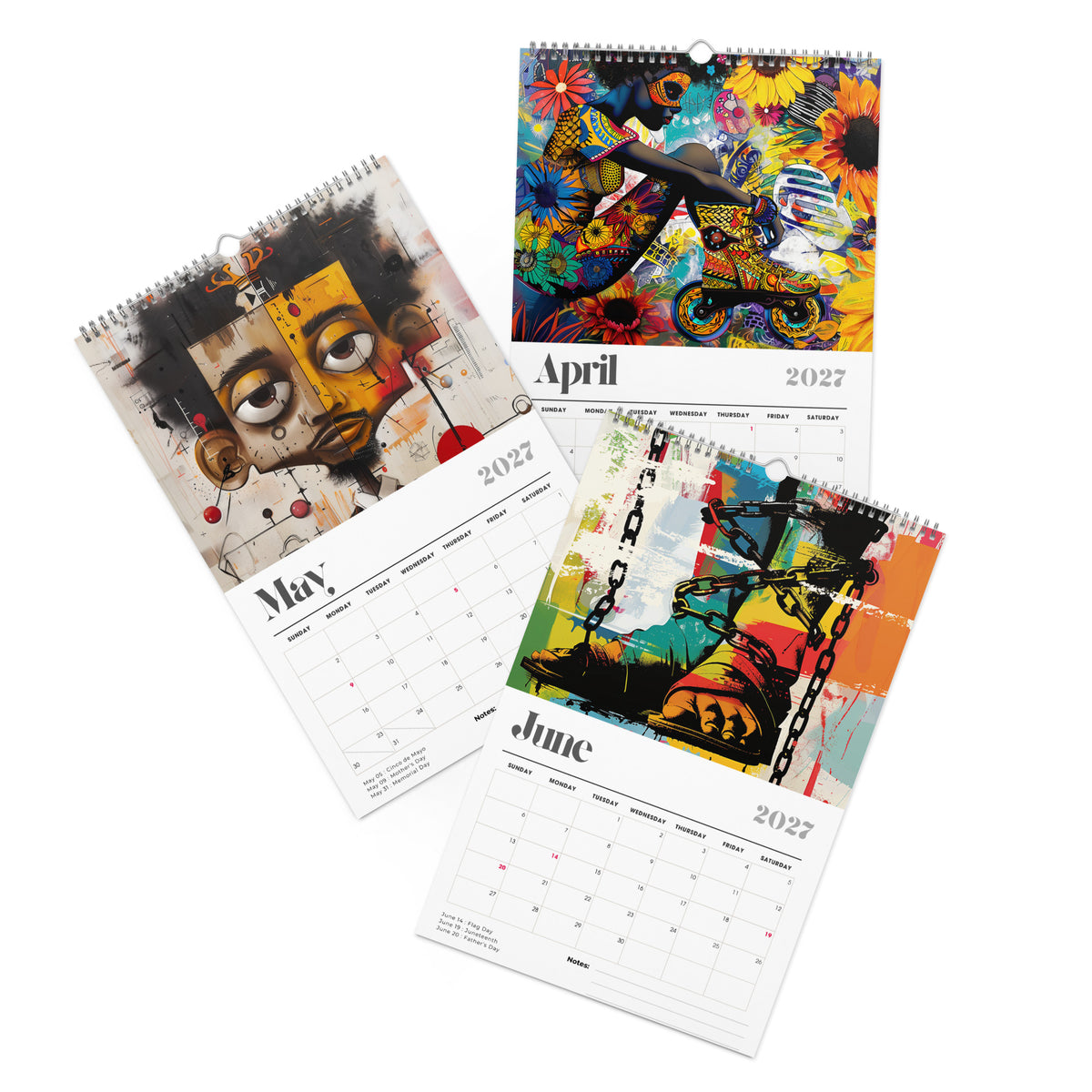 The artwork for the months of April, May and June of the 11" x 17" 2027 Afrocentric abstract wall calendar featuring colorful African American artwork inspired by Afrofuturism, graffiti art, urban culture, bold textures, and contemporary Black artistic expression, displayed against a clean white background.