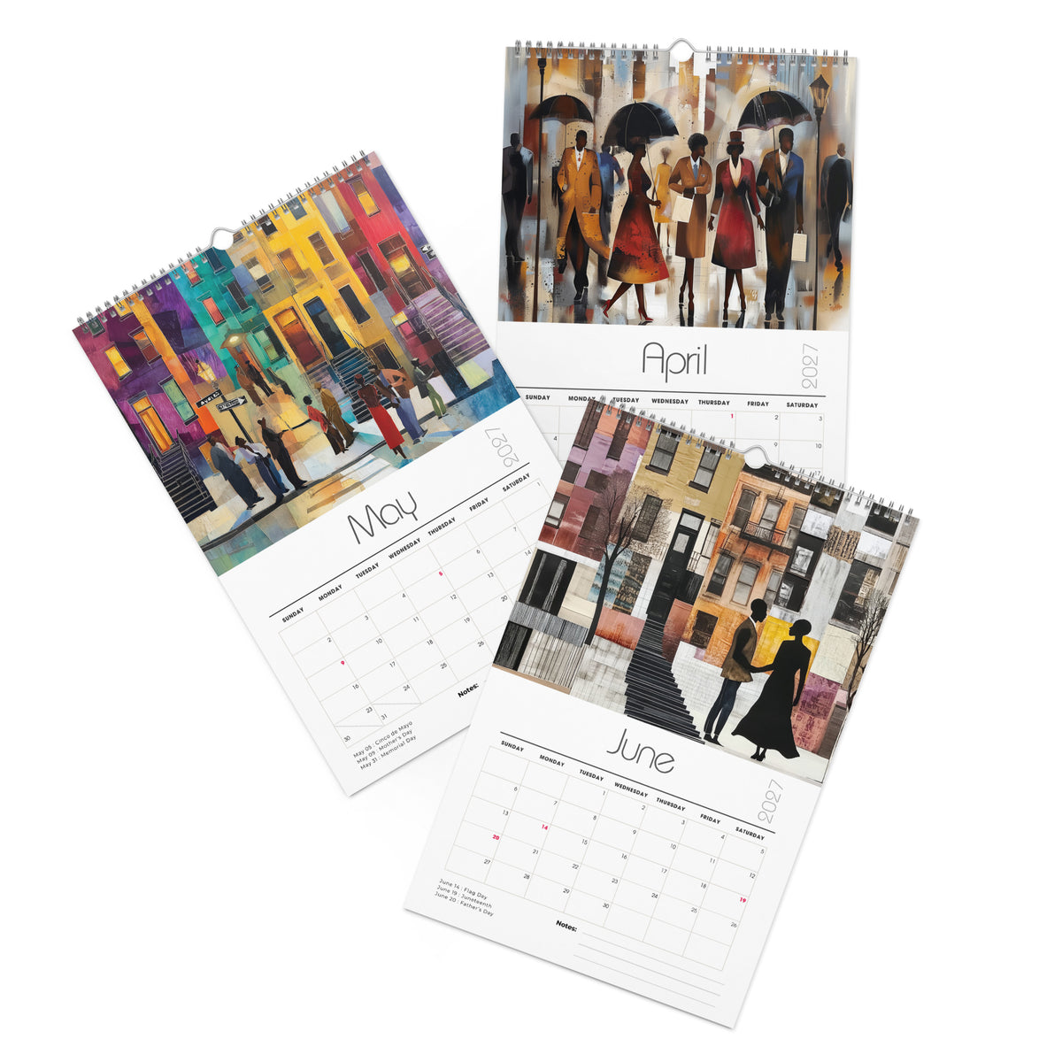 Detail pages of April, May and June calendar months of an 11" x 17" 2027 Harlem wall calendar featuring abstract African American art of Black people experiencing New York City street life, historic Harlem brownstones, and scenes inspired by Black culture and the Harlem Renaissance era.  Displayed against a clean white background.