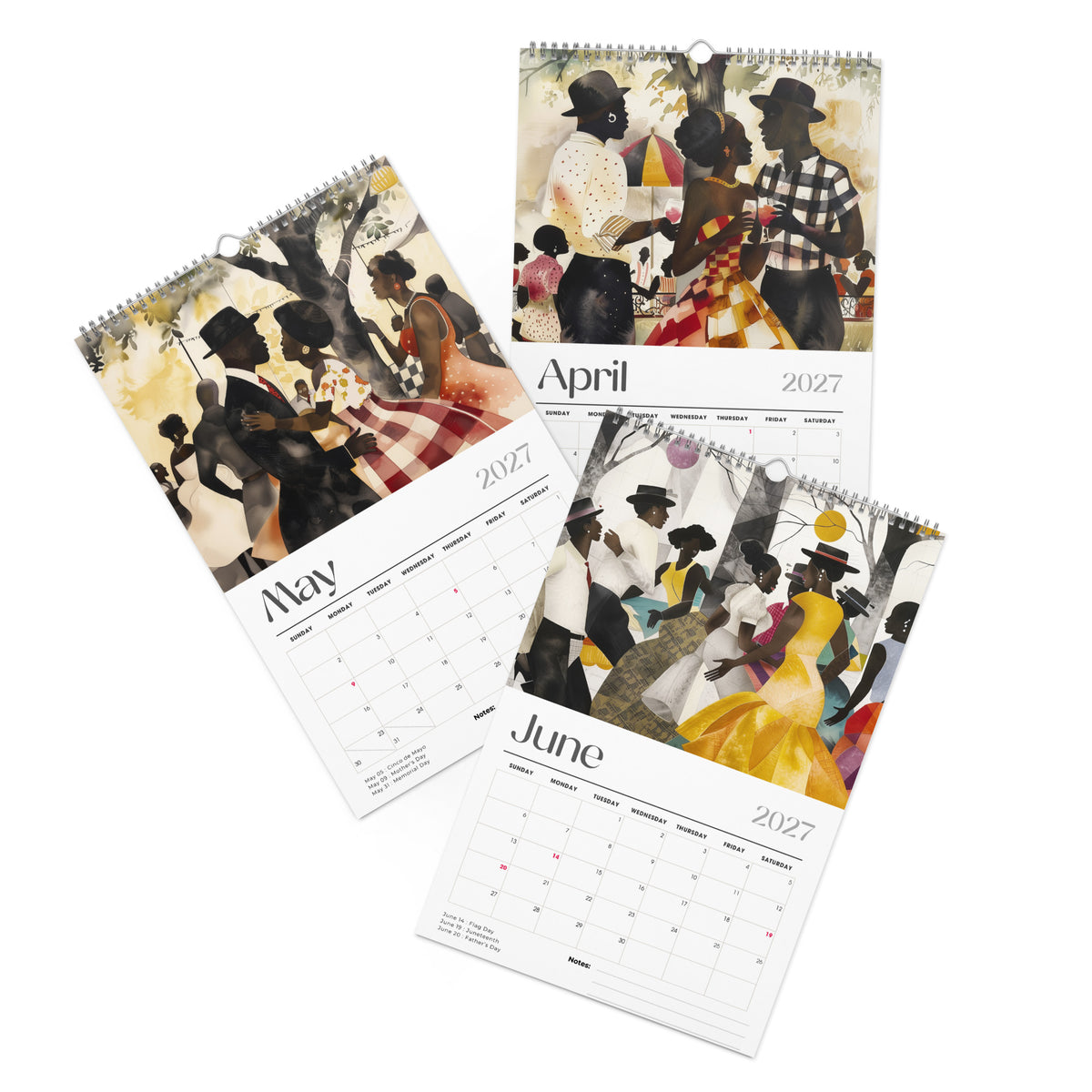 Detail pages of April, May and June calendar months of an 11" x 17" 2027 Picnic in the Park Wall Calendar featuring vibrant African American artwork celebrating Black families enjoying a joyful outdoor picnic in a beautiful park setting. Colorful Afrocentric illustrations capture family gatherings, community, togetherness, and Black cultural traditions, displayed against a clean white background.