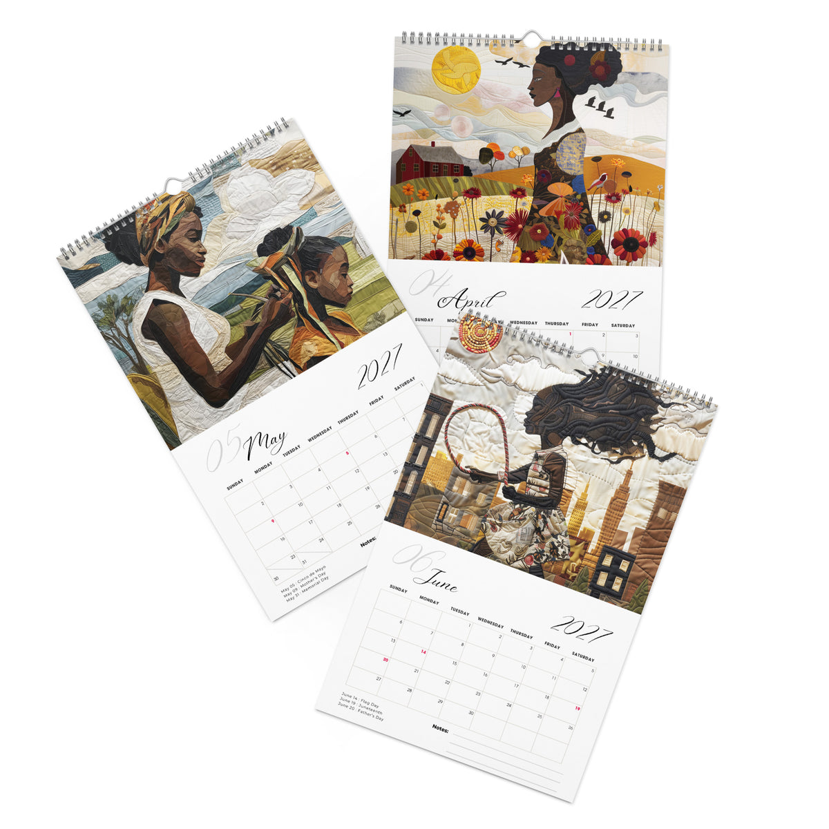 Detail pages of April, May and June calendar months of an 11" x 17" 2027 Rooted in Home Wall Calendar featuring vibrant African American quilt collage artwork celebrating the everyday lives of Black women, displayed against a clean white background.