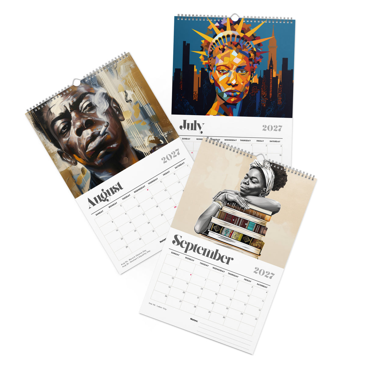 The artwork for the months of July, August and September of the 11" x 17" 2027 Afrocentric abstract wall calendar featuring colorful African American artwork inspired by Afrofuturism, graffiti art, urban culture, bold textures, and contemporary Black artistic expression, displayed against a clean white background.