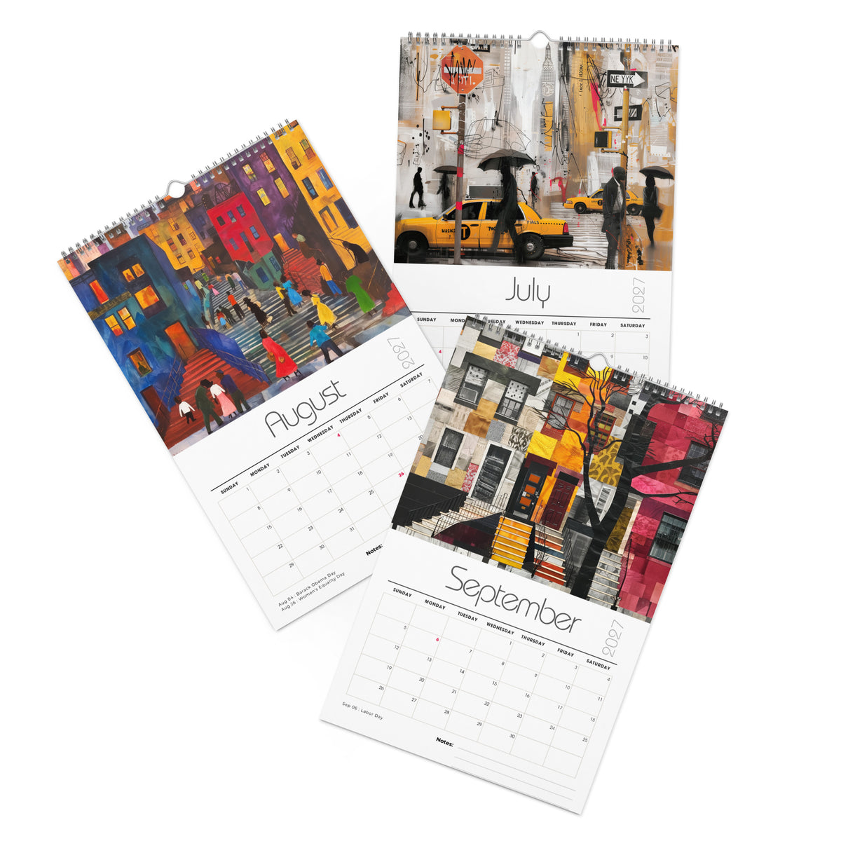 Detail pages of July, August and September calendar months of an 11" x 17" 2027 Harlem wall calendar featuring abstract African American art of Black people experiencing New York City street life, historic Harlem brownstones, and scenes inspired by Black culture and the Harlem Renaissance era.  Displayed against a clean white background.