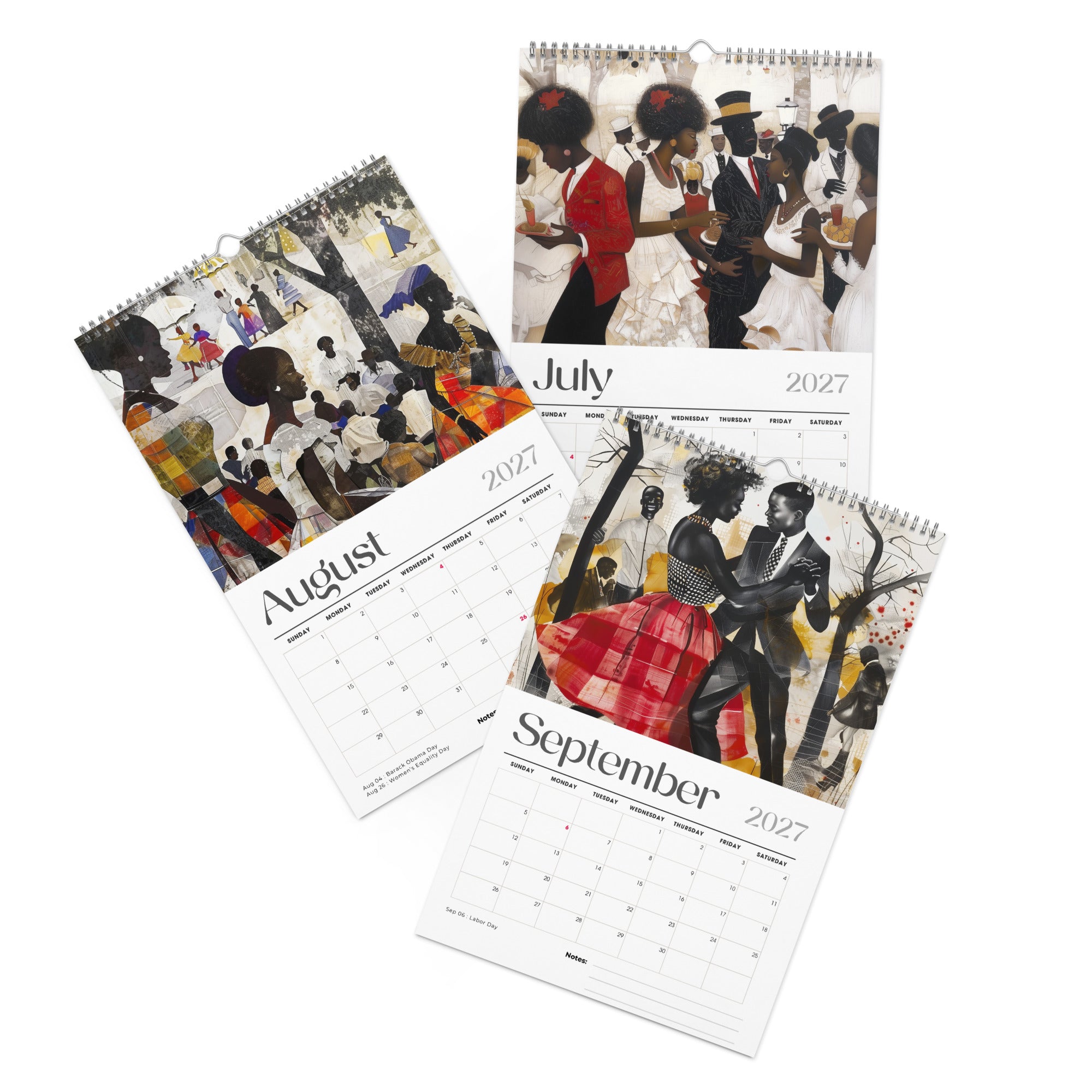 Detail pages of July, August and September calendar months of an 11" x 17" 2027 Picnic in the Park Wall Calendar featuring vibrant African American artwork celebrating Black families enjoying a joyful outdoor picnic in a beautiful park setting. Colorful Afrocentric illustrations capture family gatherings, community, togetherness, and Black cultural traditions, displayed against a clean white background.
