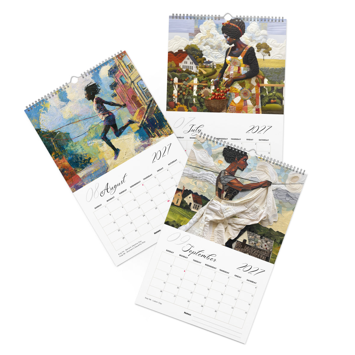 Detail pages of July, August and September calendar months of an 11" x 17" 2027 Rooted in Home Wall Calendar featuring vibrant African American quilt collage artwork celebrating the everyday lives of Black women, displayed against a clean white background.