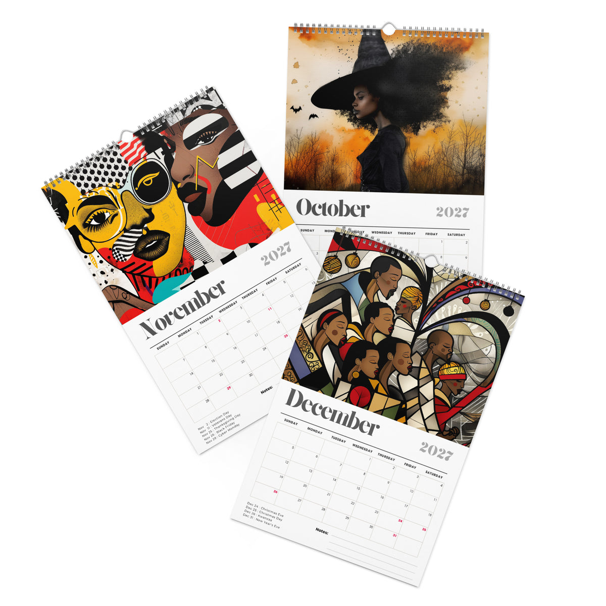 The artwork for the months of October, November and December of the 8" x 11" 2027 Afrocentric abstract wall calendar featuring colorful African American artwork inspired by Afrofuturism, graffiti art, urban culture, bold textures, and contemporary Black artistic expression, displayed against a clean white background.