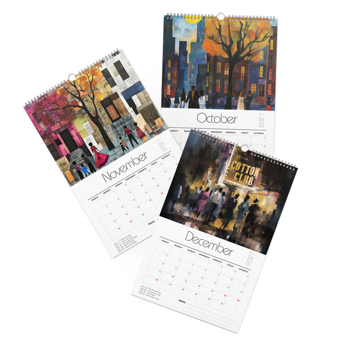 Detail pages of October, November and December calendar months of an 11" x 17" 2027 Harlem wall calendar featuring abstract African American art of Black people experiencing New York City street life, historic Harlem brownstones, and scenes inspired by Black culture and the Harlem Renaissance era.  Displayed against a clean white background.