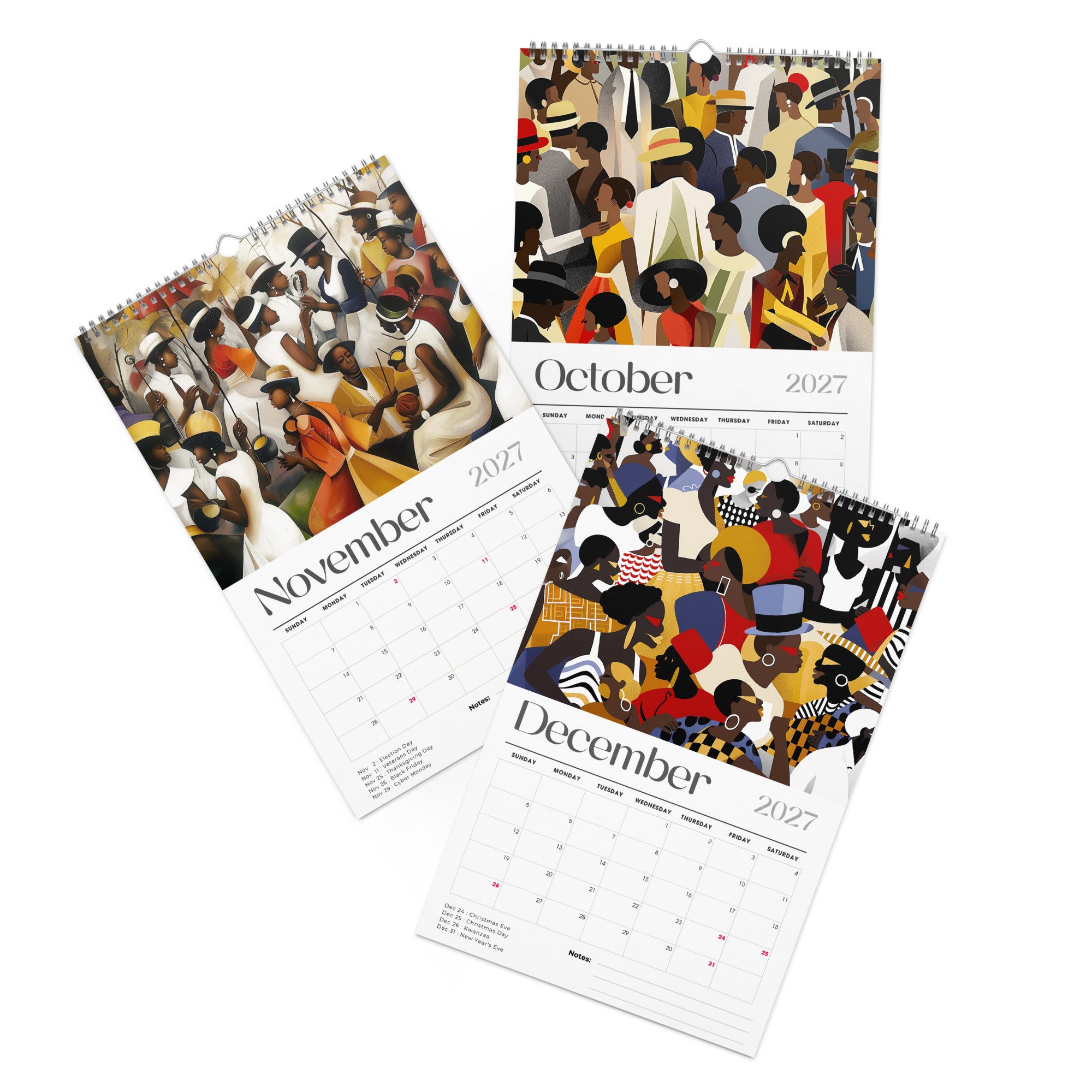 Detail pages of October, November and December calendar months of an 8" x 11" 2027 Picnic in the Park Wall Calendar featuring vibrant African American artwork celebrating Black families enjoying a joyful outdoor picnic in a beautiful park setting. Colorful Afrocentric illustrations capture family gatherings, community, togetherness, and Black cultural traditions, displayed against a clean white background.