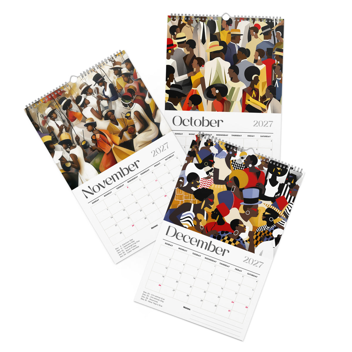 Detail pages of October, November and December calendar months of an 8" x 11" 2027 Picnic in the Park Wall Calendar featuring vibrant African American artwork celebrating Black families enjoying a joyful outdoor picnic in a beautiful park setting. Colorful Afrocentric illustrations capture family gatherings, community, togetherness, and Black cultural traditions, displayed against a clean white background.