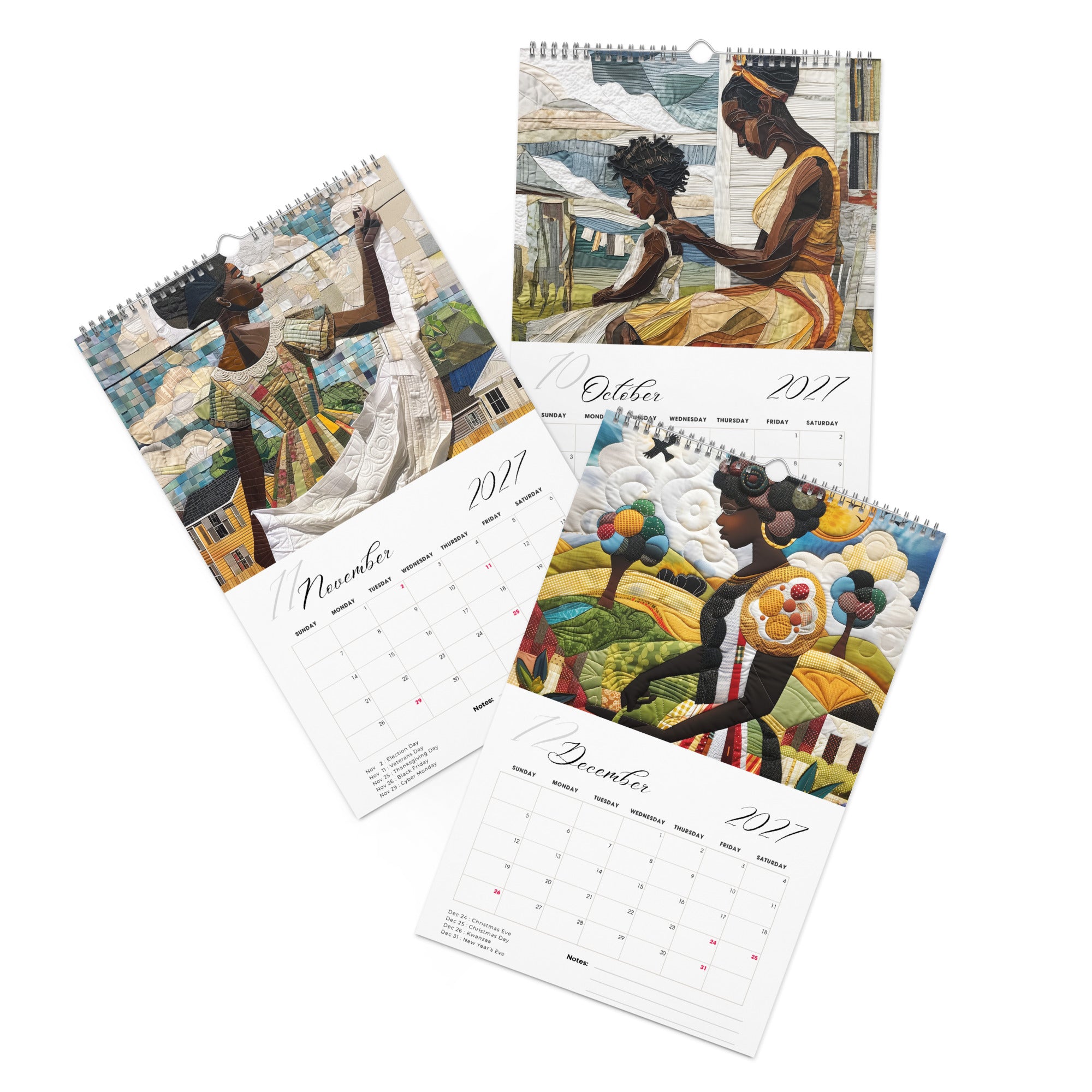 Detail pages of October, November and December calendar months of an 11" x 17" 2027 Rooted in Home Wall Calendar featuring vibrant African American quilt collage artwork celebrating the everyday lives of Black women, displayed against a clean white background.