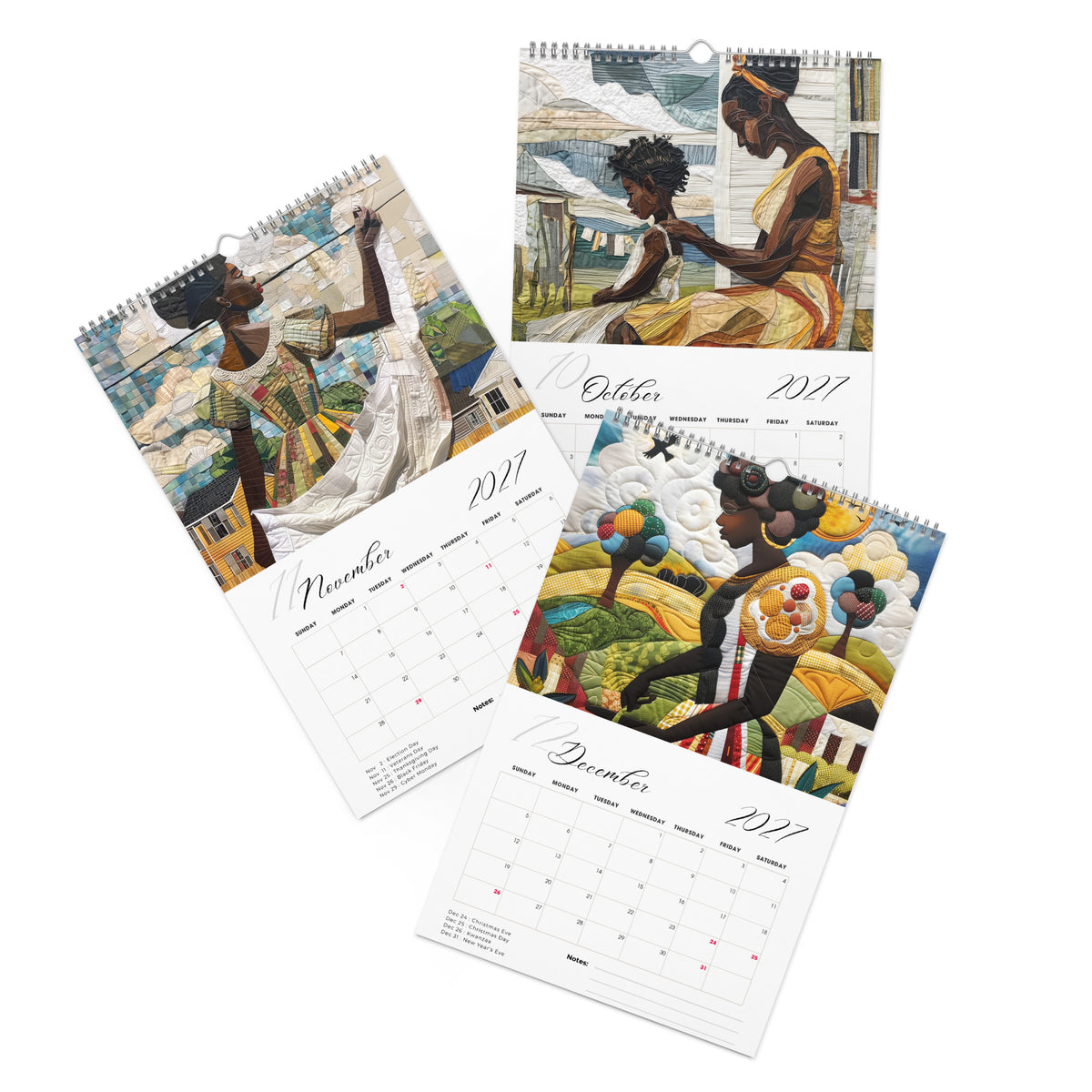 Detail pages of October, November and December calendar months of an 11" x 17" 2027 Rooted in Home Wall Calendar featuring vibrant African American quilt collage artwork celebrating the everyday lives of Black women, displayed against a clean white background.