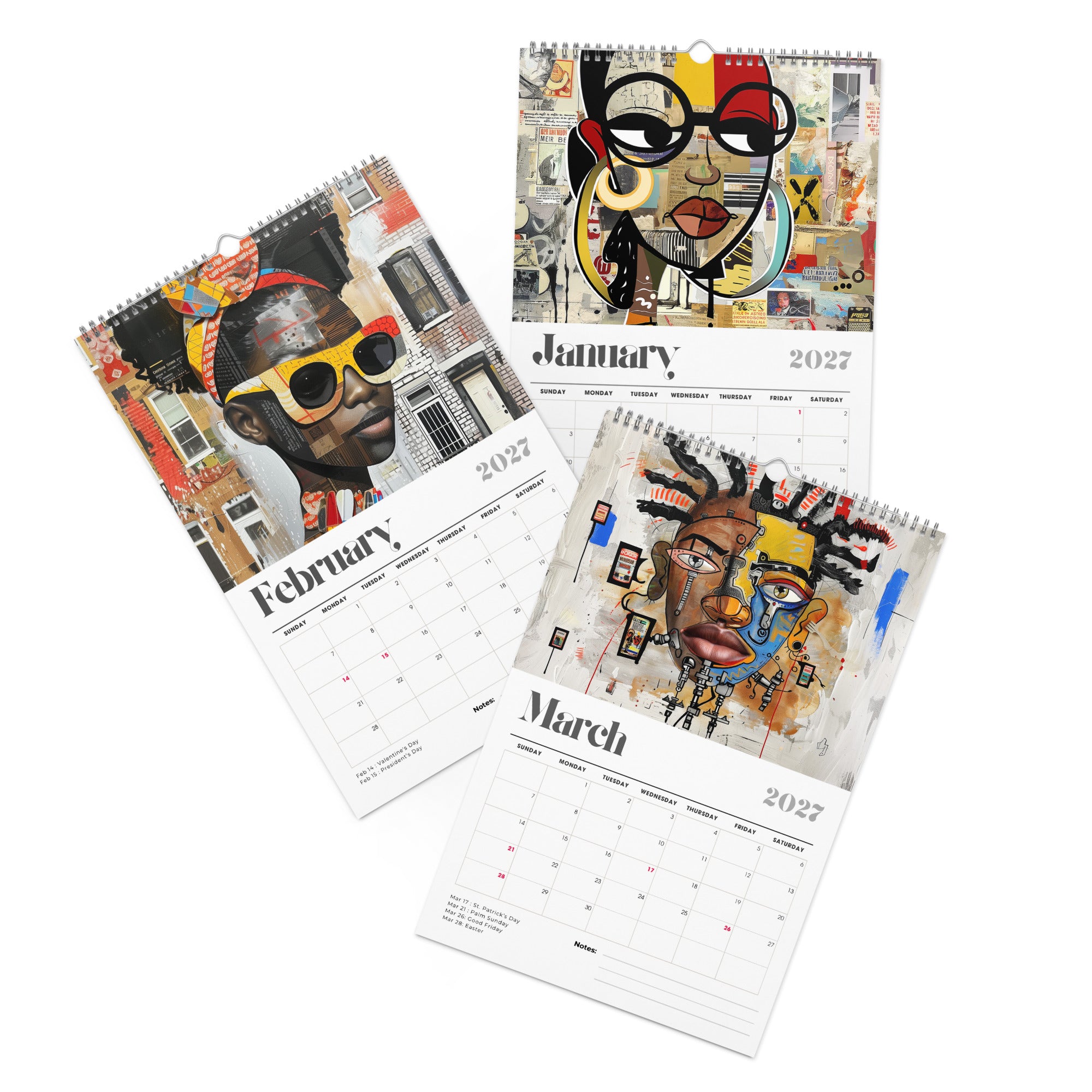 The artwork for the months of January, February and March of the 11" x 17" 2027 Afrocentric abstract wall calendar featuring colorful African American artwork inspired by Afrofuturism, graffiti art, urban culture, bold textures, and contemporary Black artistic expression, displayed against a clean white background.