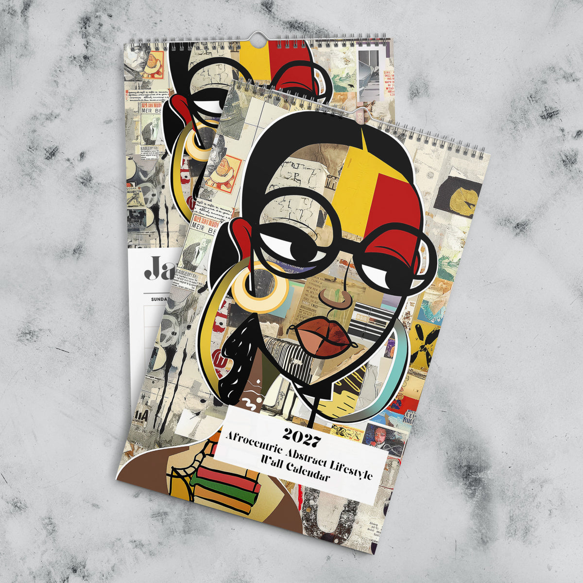 Front cover and January calendar month views of an 11" x 17" 2027 Afrocentric abstract wall calendar featuring colorful African American artwork inspired by Afrofuturism, graffiti art, urban culture, bold textures, and contemporary Black artistic expression, displayed against a clean white background.