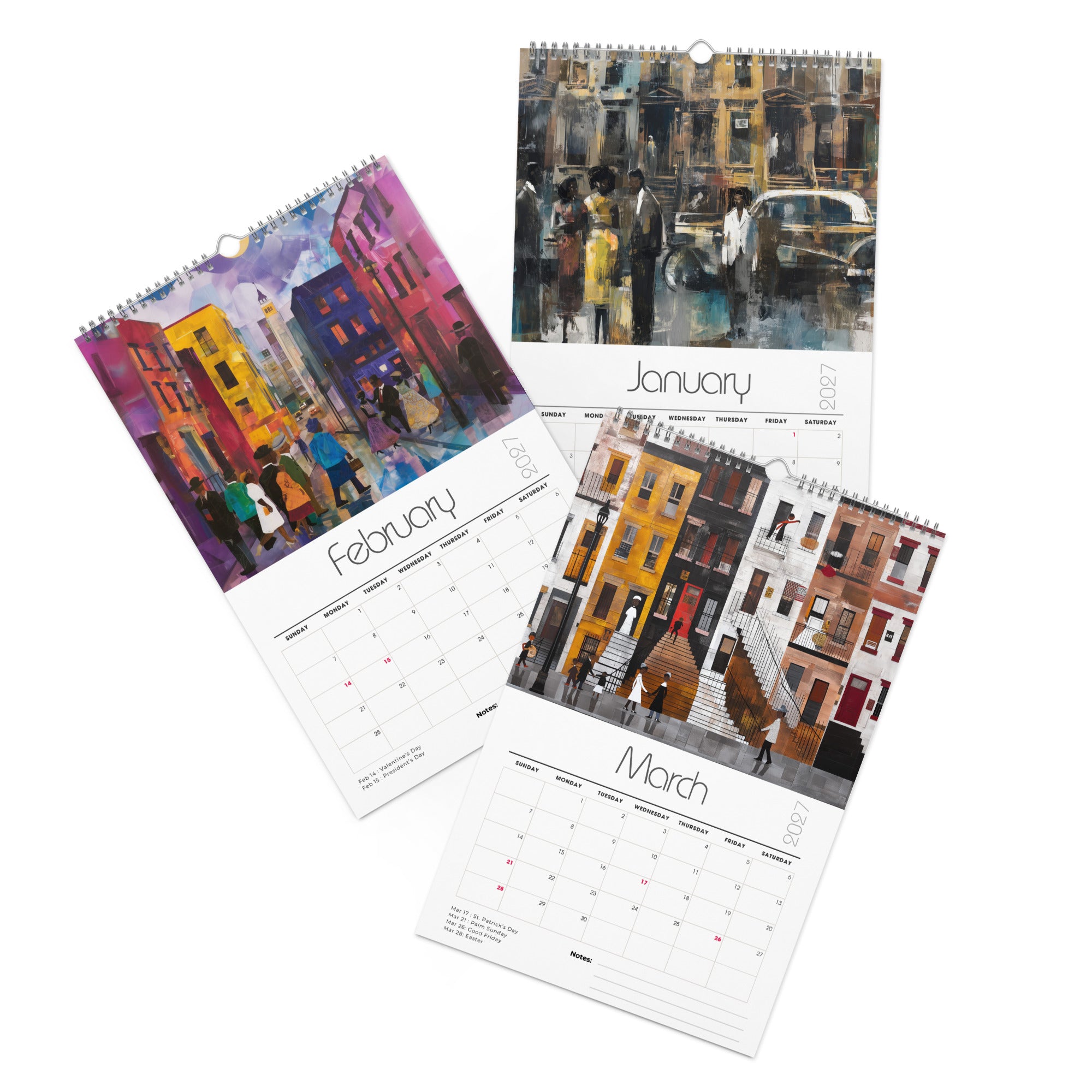 Detail pages of January, February and March calendar months of an 11" x 17" 2027 Harlem wall calendar featuring abstract African American art of Black people experiencing New York City street life, historic Harlem brownstones, and scenes inspired by Black culture and the Harlem Renaissance era.  Displayed against a clean white background.
