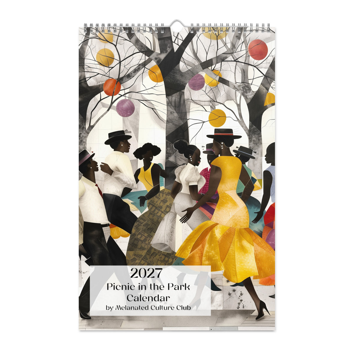 Front cover of an 11" x 17" 2027 Picnic in the Park Wall Calendar featuring vibrant African American artwork celebrating Black families enjoying a joyful outdoor picnic in a beautiful park setting. Colorful Afrocentric illustrations capture family gatherings, community, togetherness, and Black cultural traditions, displayed against a clean white background.