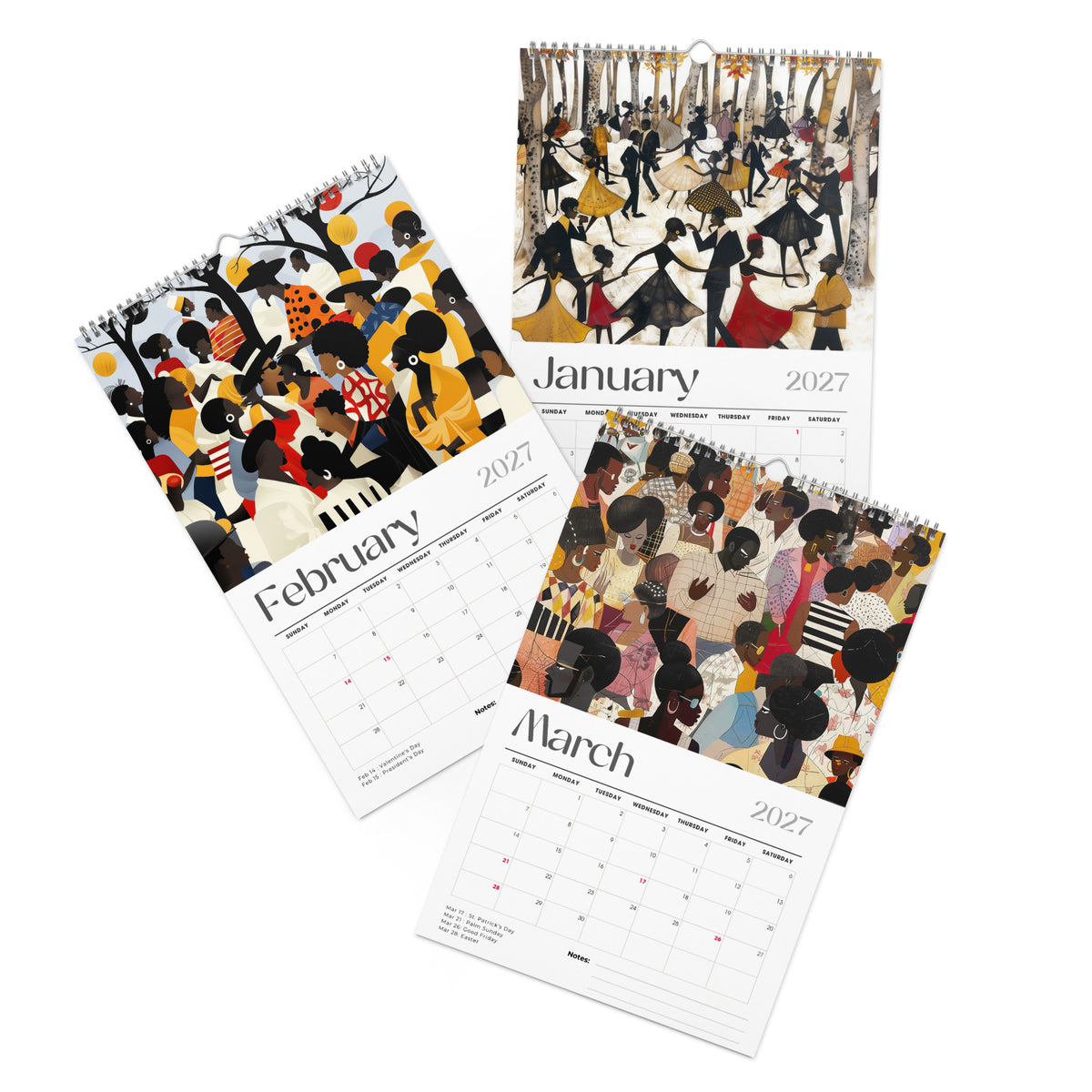 Detail pages of January, February and March calendar months of an 11" x 17" 2027 Picnic in the Park Wall Calendar featuring vibrant African American artwork celebrating Black families enjoying a joyful outdoor picnic in a beautiful park setting. Colorful Afrocentric illustrations capture family gatherings, community, togetherness, and Black cultural traditions, displayed against a clean white background.