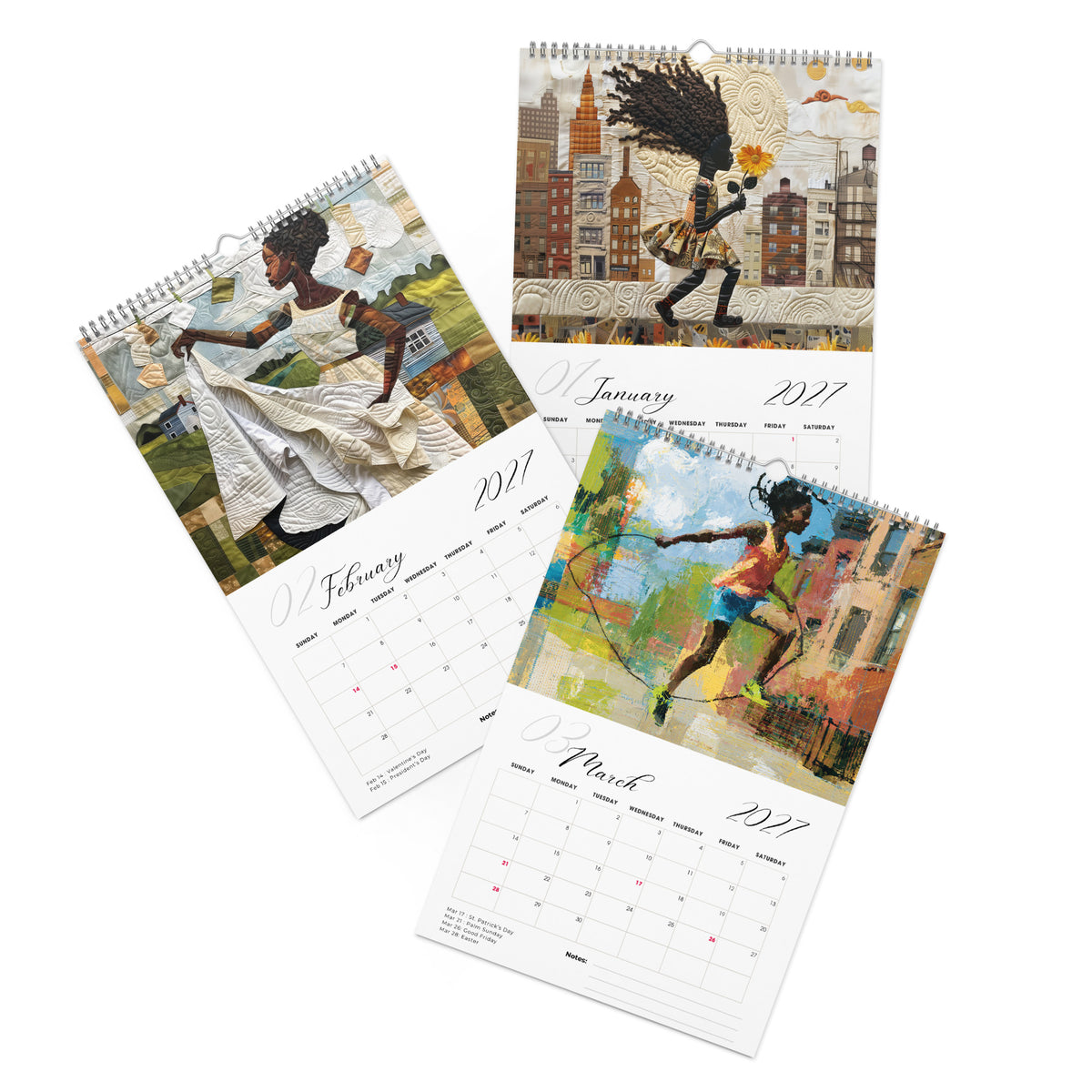 Detail pages of January, February and March calendar months of an 11" x 17" 2027 Rooted in Home Wall Calendar featuring vibrant African American quilt collage artwork celebrating the everyday lives of Black women, displayed against a clean white background.