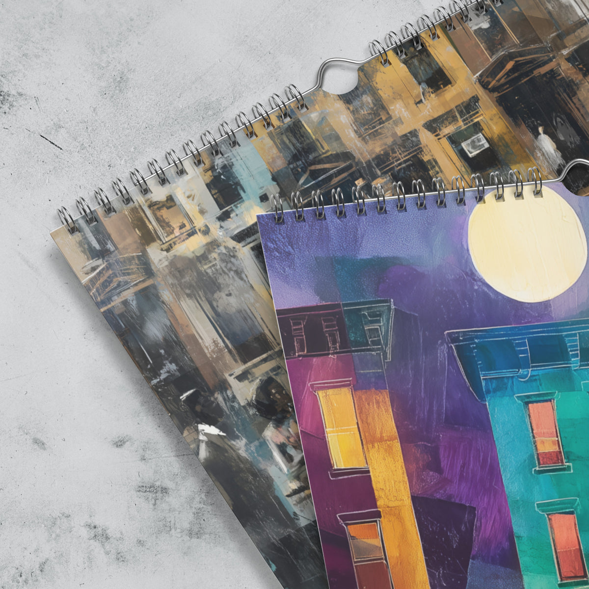 Close up detail of silver hanging wire of an 11" x 17" 2027 Harlem wall calendar featuring abstract African American art of Black people experiencing New York City street life, historic Harlem brownstones, and scenes inspired by Black culture and the Harlem Renaissance era.  Displayed against a clean white background.
