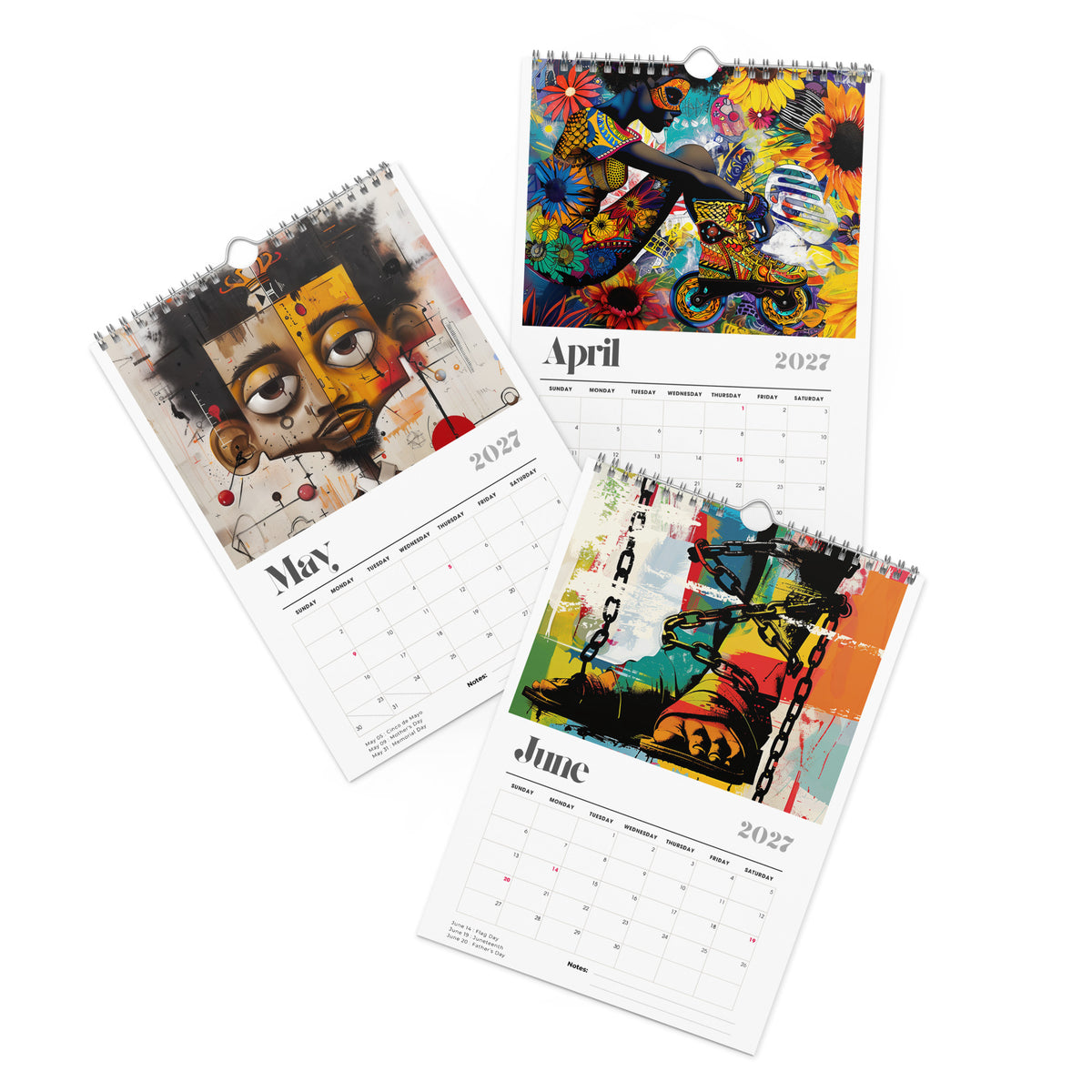 The artwork for the months of April, May and June of the 8" x 11" 2027 Afrocentric abstract wall calendar featuring colorful African American artwork inspired by Afrofuturism, graffiti art, urban culture, bold textures, and contemporary Black artistic expression, displayed against a clean white background.