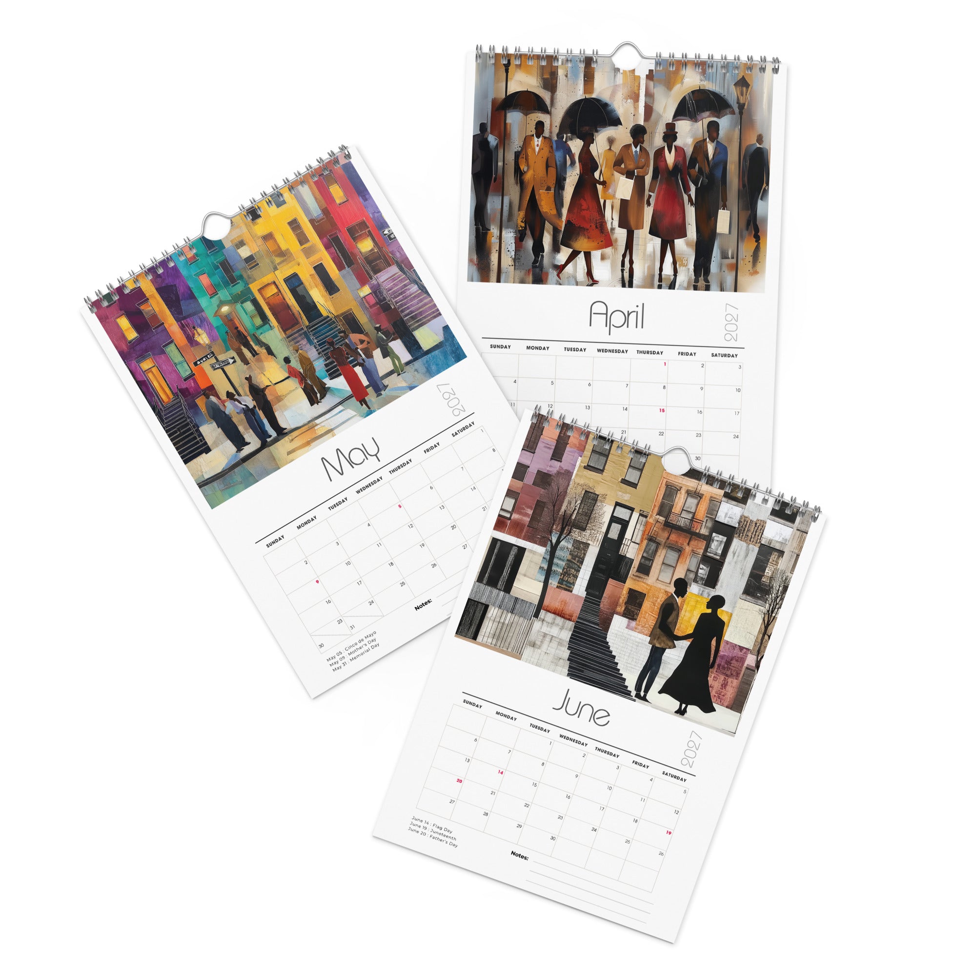 Detail pages of April, May and June calendar months of an 8" x 11" 2027 Harlem wall calendar featuring abstract African American art of Black people experiencing New York City street life, historic Harlem brownstones, and scenes inspired by Black culture and the Harlem Renaissance era.  Displayed against a clean white background.