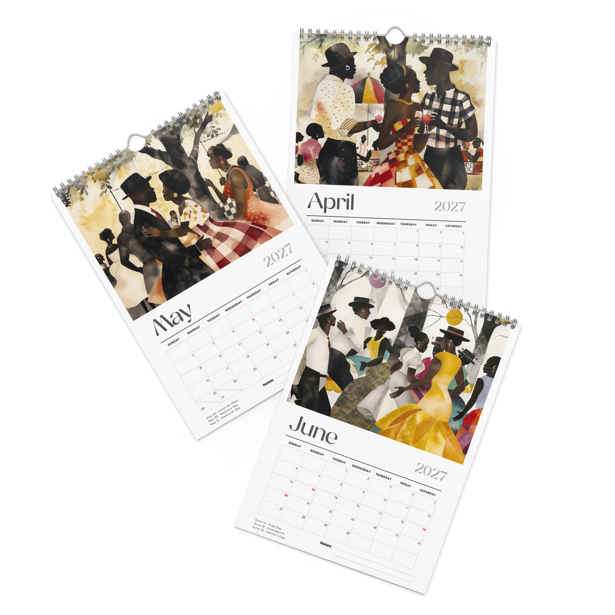 Detail pages of April, May and June calendar months of an 8" x 11" 2027 Picnic in the Park Wall Calendar featuring vibrant African American artwork celebrating Black families enjoying a joyful outdoor picnic in a beautiful park setting. Colorful Afrocentric illustrations capture family gatherings, community, togetherness, and Black cultural traditions, displayed against a clean white background.