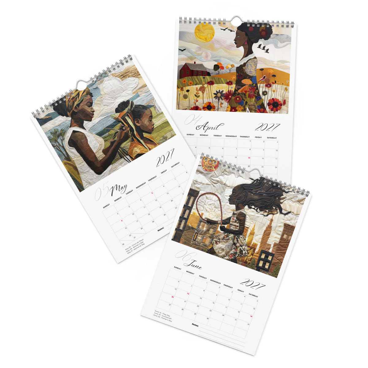 Detail pages of April, May and June calendar months of an 8" x 11" 2027 Rooted in Home Wall Calendar featuring vibrant African American quilt collage artwork celebrating the everyday lives of Black women, displayed against a clean white background.