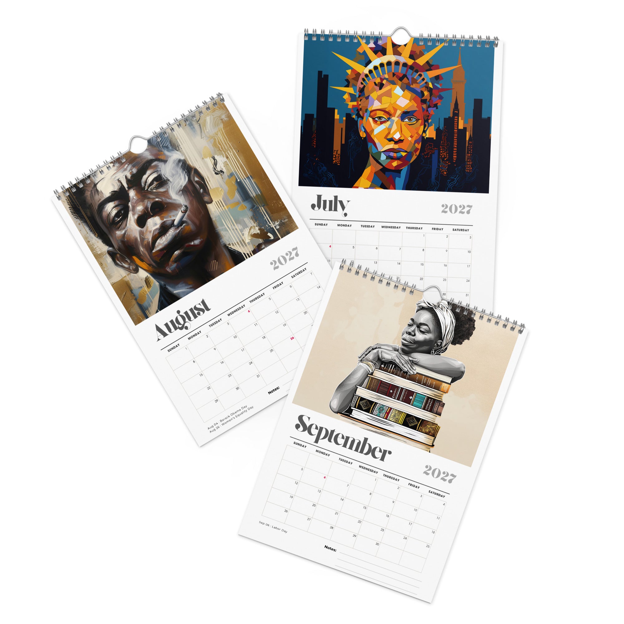 The artwork for the months of July, August and September of the 8" x 11" 2027 Afrocentric abstract wall calendar featuring colorful African American artwork inspired by Afrofuturism, graffiti art, urban culture, bold textures, and contemporary Black artistic expression, displayed against a clean white background.