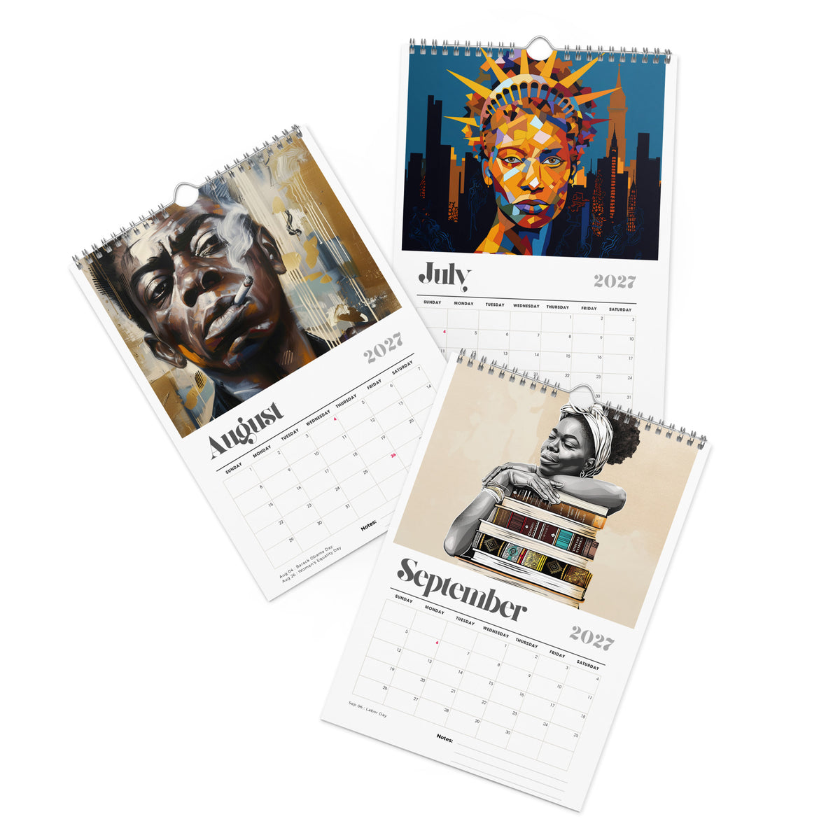 The artwork for the months of July, August and September of the 8" x 11" 2027 Afrocentric abstract wall calendar featuring colorful African American artwork inspired by Afrofuturism, graffiti art, urban culture, bold textures, and contemporary Black artistic expression, displayed against a clean white background.