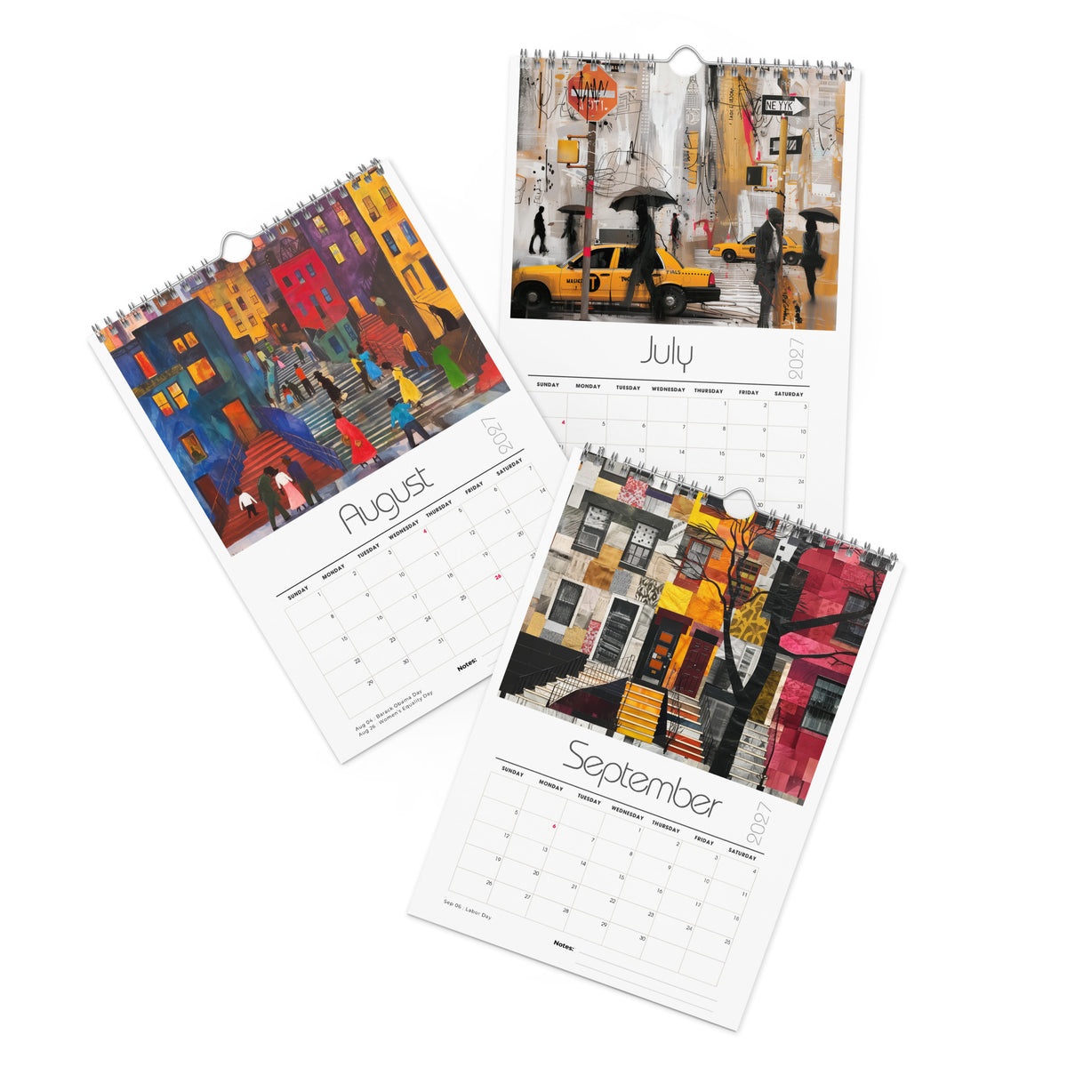 Detail pages of July, August and September calendar months of an 8" x 11" 2027 Harlem wall calendar featuring abstract African American art of Black people experiencing New York City street life, historic Harlem brownstones, and scenes inspired by Black culture and the Harlem Renaissance era.  Displayed against a clean white background.
